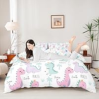 Vista 3 de Juego de ropa de cama con dinosaurios para niñas tamaño individual, lindo juego de funda de edredón rosa y morado con dinosaurios de dibujos