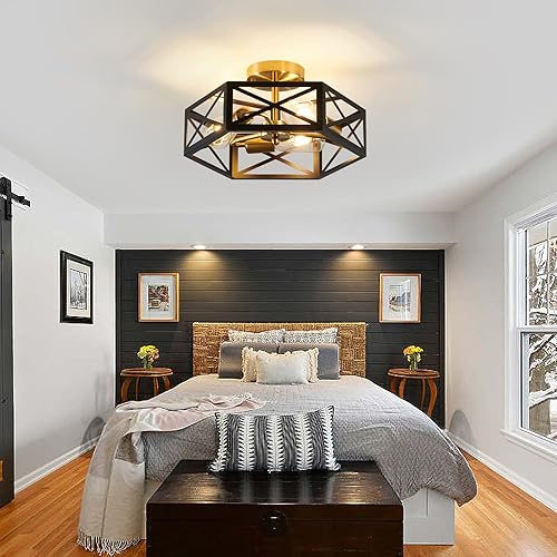 Miniatura 6 de Lámpara de techo moderna de montaje empotrado, 3 luces negras y doradas, lámpara de techo industrial cerca del techo con jaula hexagonal de metal