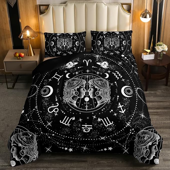 Erosebridal Sun and Moon Bedding Set Queen Size, Constellation Gemini Comforter Set for Kids Teens Adult, Zodiac Signs Astrology Quilt Starry Sky Galaxy Down Comforter with 2 Pillow Cases,Black White