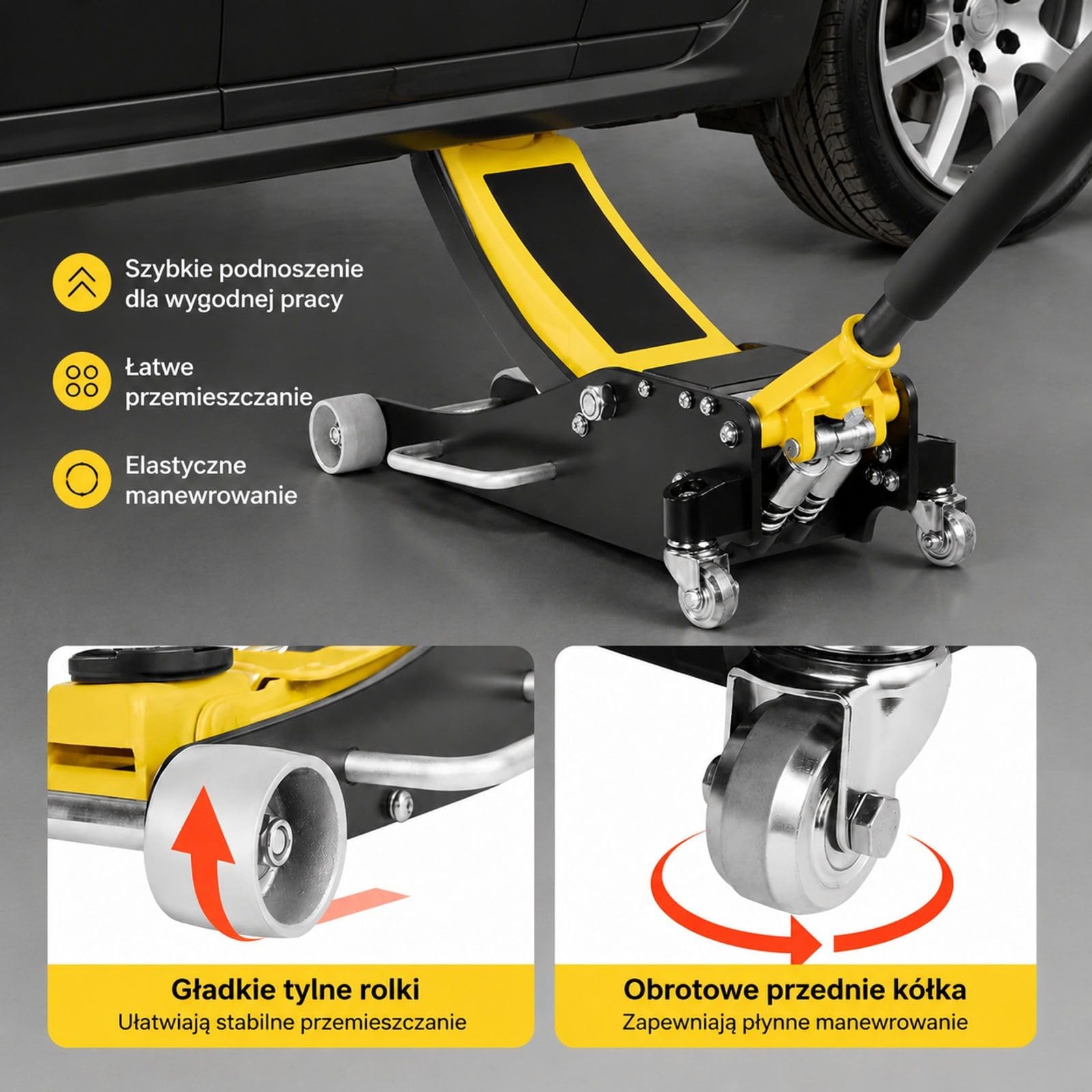 Hydrauliczny podnośnik podłogowy z kołami 360°, udźwig 2,5 t, dwutłokowa pompa szybkiego podnoszenia, żółty czarny, do kompaktowych SUV-ów