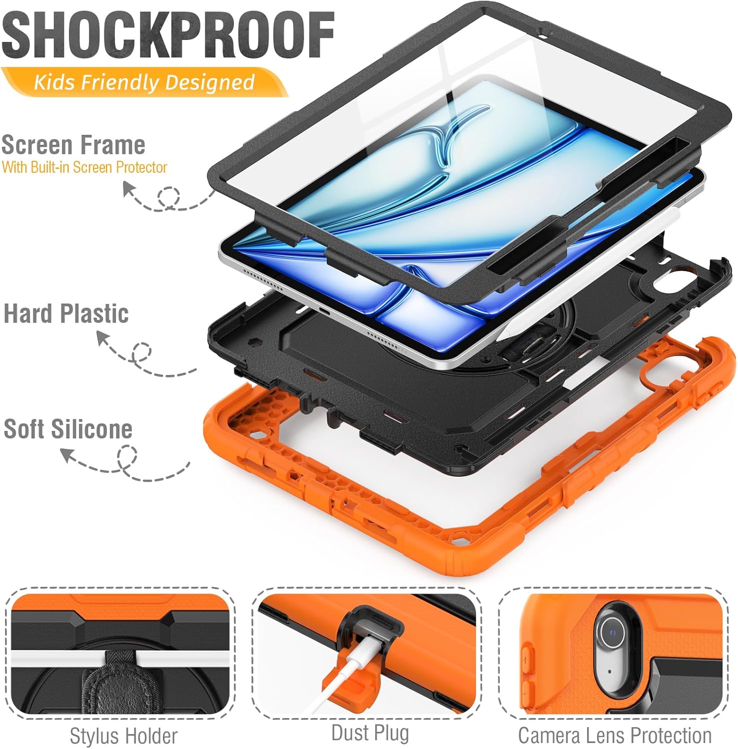 HXCASEAC Rugged Case for iPad Air 11 inch M3 M2 (2025 2024), Heavy Duty Protective Design with Pencil Holder, Built-in Screen Protector, Rotating Stand, Hand Strap, for iPad Air 11 Hard Case (Orange)