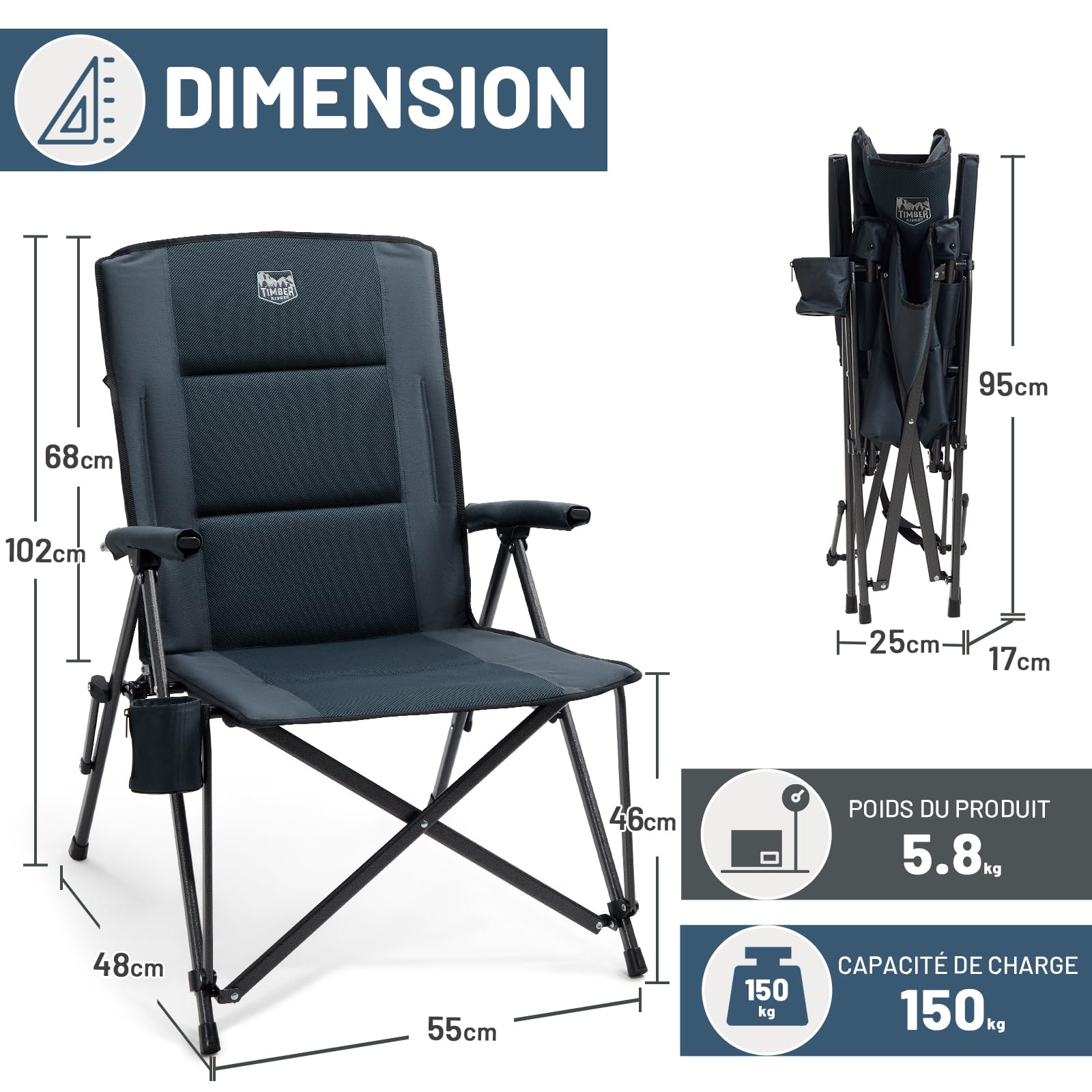 TIMBER RIDGE Chaise de Camping Pliable Rembourré Fauteuil Dossier Haut XXL Siège Large 55cm Charge Maximale 150kg avec Poche Latérale pour Camping Jardin Balcon BBQ Pêche
