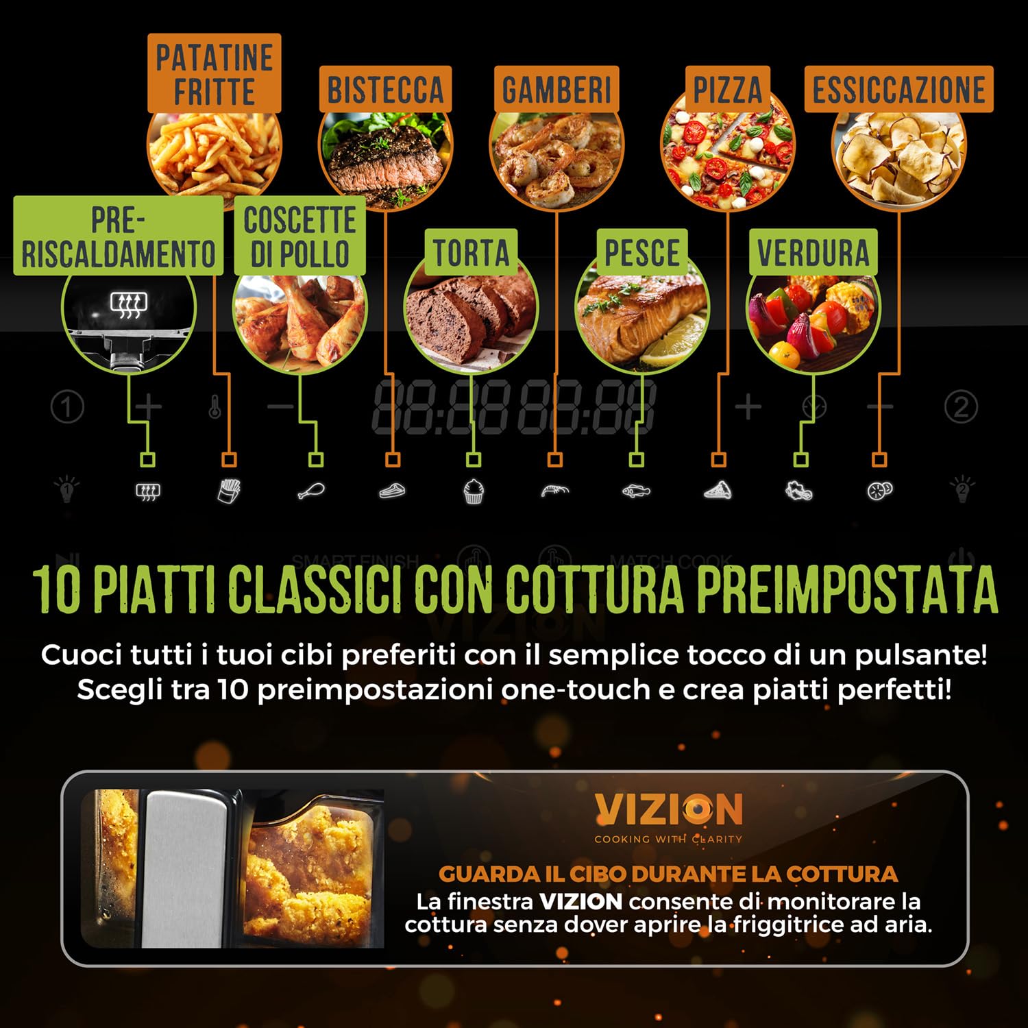 Tower, T17100, Vortx Vizion 9L Friggitrice ad Aria Doppio Cestello con Pannello di Controllo Digitale e 10 Preimpostazioni One-Touch, Elettrodomestici Cucina, Nero