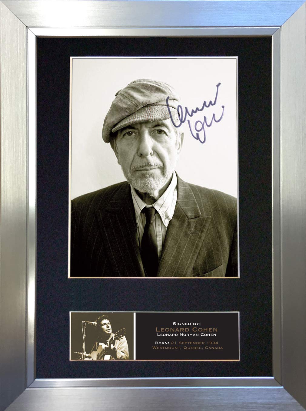 The Autograph Collector Gold,Silver,Black Leonard Cohen Signed Autograph Mounted Photo Reproduction Print A4 Rare (297 X 210Mm) #547 (Silver Frame)