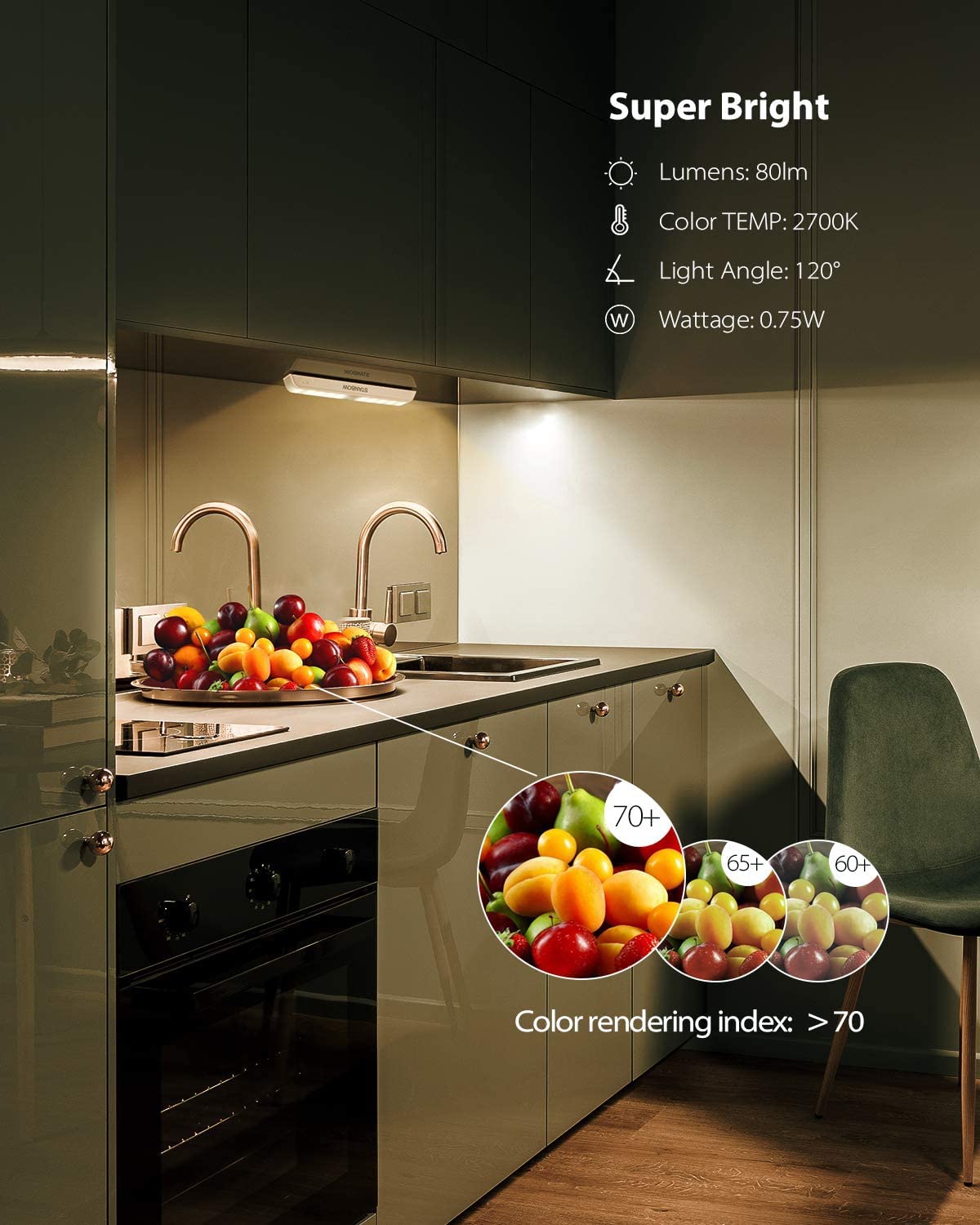 STANBOW Motion Sensor Under Cabinet Light illuminating a kitchen counter, showing specifications like 80 lumens, 2700K color temperature, 120 degree light angle, and 0.75W wattage.