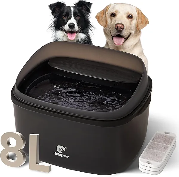 HOLAPAW Dog Water Fountain for Large Dogs, 2.1Gal/8L Dog Water Bowl Dispenser, No Spill Automatic Pet Water Fountain for Dogs Cats Multiple Pets with Ultra Quiet Pump, 3 Filter Replacement, Black