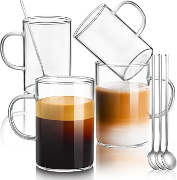ecooe 16oz Borosilicate Glass Coffee Mugs Set of 4, Large Glass Mug Set with Handles & Spoon, Clear Glasses Coffee Cups for Hot/Cold Tea, Cappuccino, Latte, Juice, Drinking Glasses 430mLUse Capacity