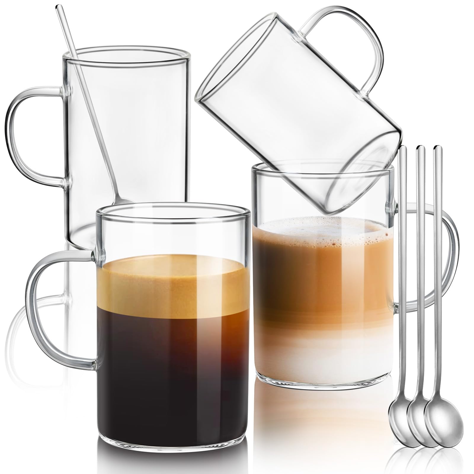 ecooe 470 ml Borosilicate Glass Coffee Cups Set of 4, Large Clear Glass Cups with Handles and Spoons, Clear Glass Coffee Glasses for Tea, Cappuccino, Drinking Glasses, Coffee, Latte Macchiato