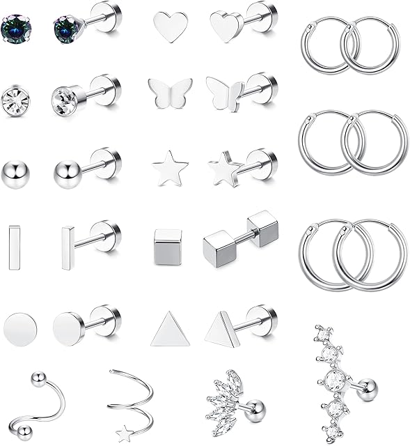JeweBella 15 Pairs Small Stud Earrings Set for Women Men Surgical Steel Cartilage Helix Hoop Earrings Hypoallergenic Tiny Star Moon Opal Zirconia Flat Back Piercing Stud Earrings Set