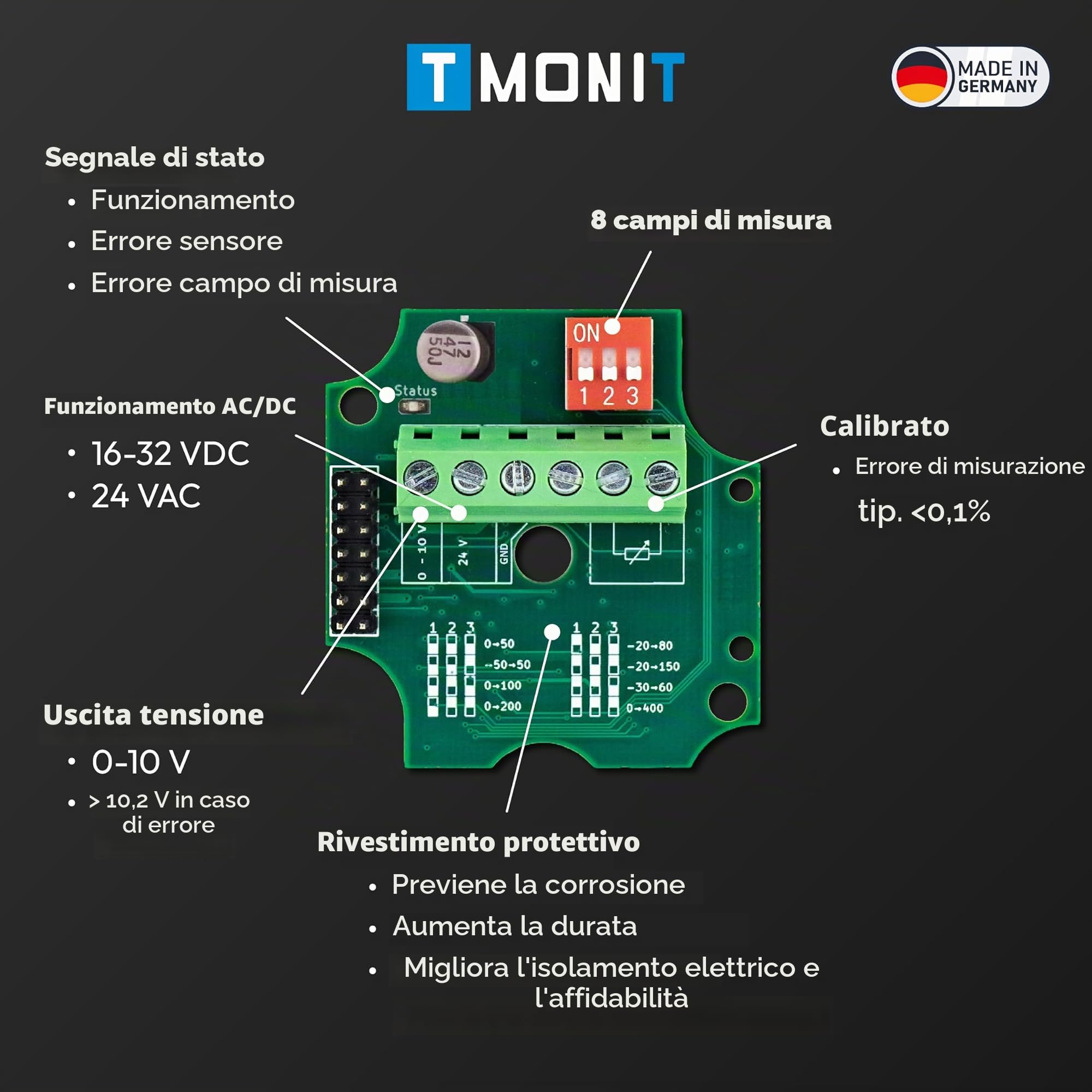 Sensore di temperatura PT1000, 0 – 10 V o 4 – 20 mA. Trasmettitore di misurazione da -50 a 200 °C, IP65 resistente all'acqua, uscita corrente o tensione, linea in silicone - per HVAC e