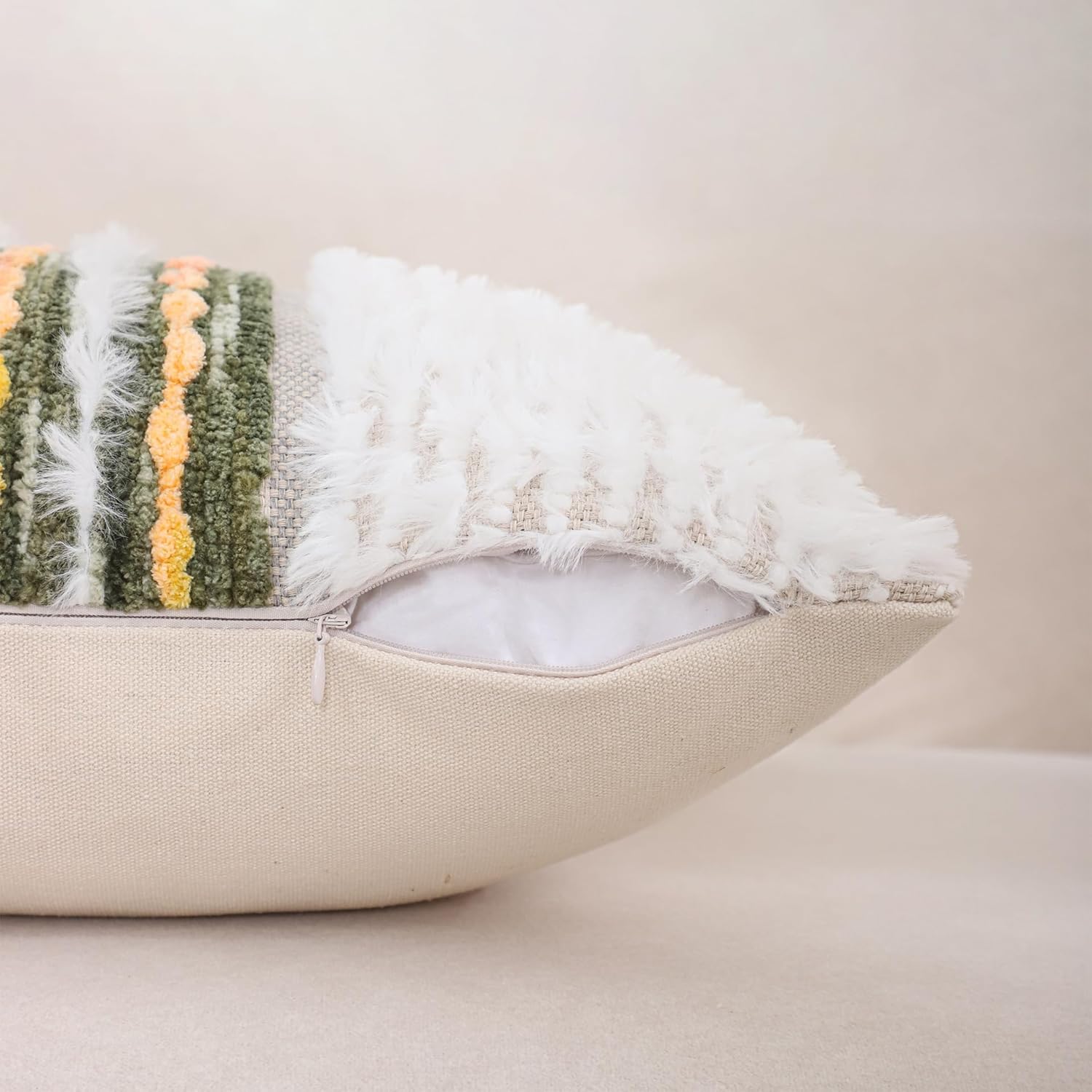 18x18 Inch Boho Pillow Covers Set of 2 Chenille Throw Pillow Cases for Couch Farmhouse Decorative Striped Cushion Covers for Sofa Bedroom Living Room (Green Yellow)
