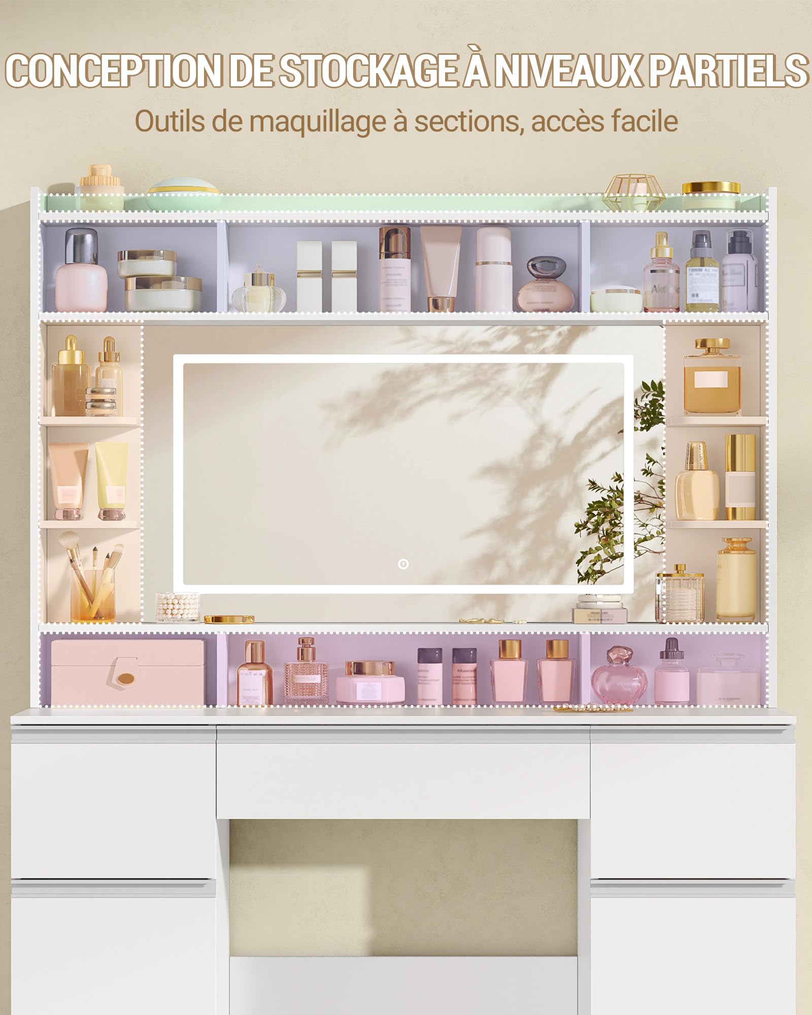 Hzuaneri Coiffeuse avec Grand Miroir, Coiffeuse avec Éclairage LED, Blanc
