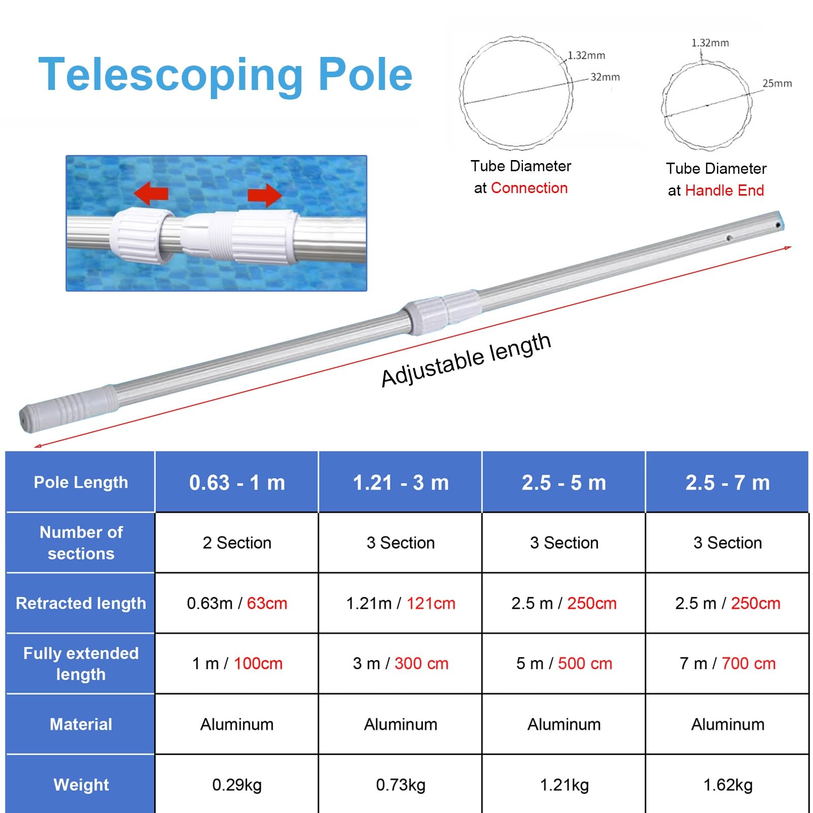 Palo telescopico in alluminio per la sicurezza della piscina, spazzola regolabile per laghetto e rete da pesca, ideale per laghetti all'aperto e laghi