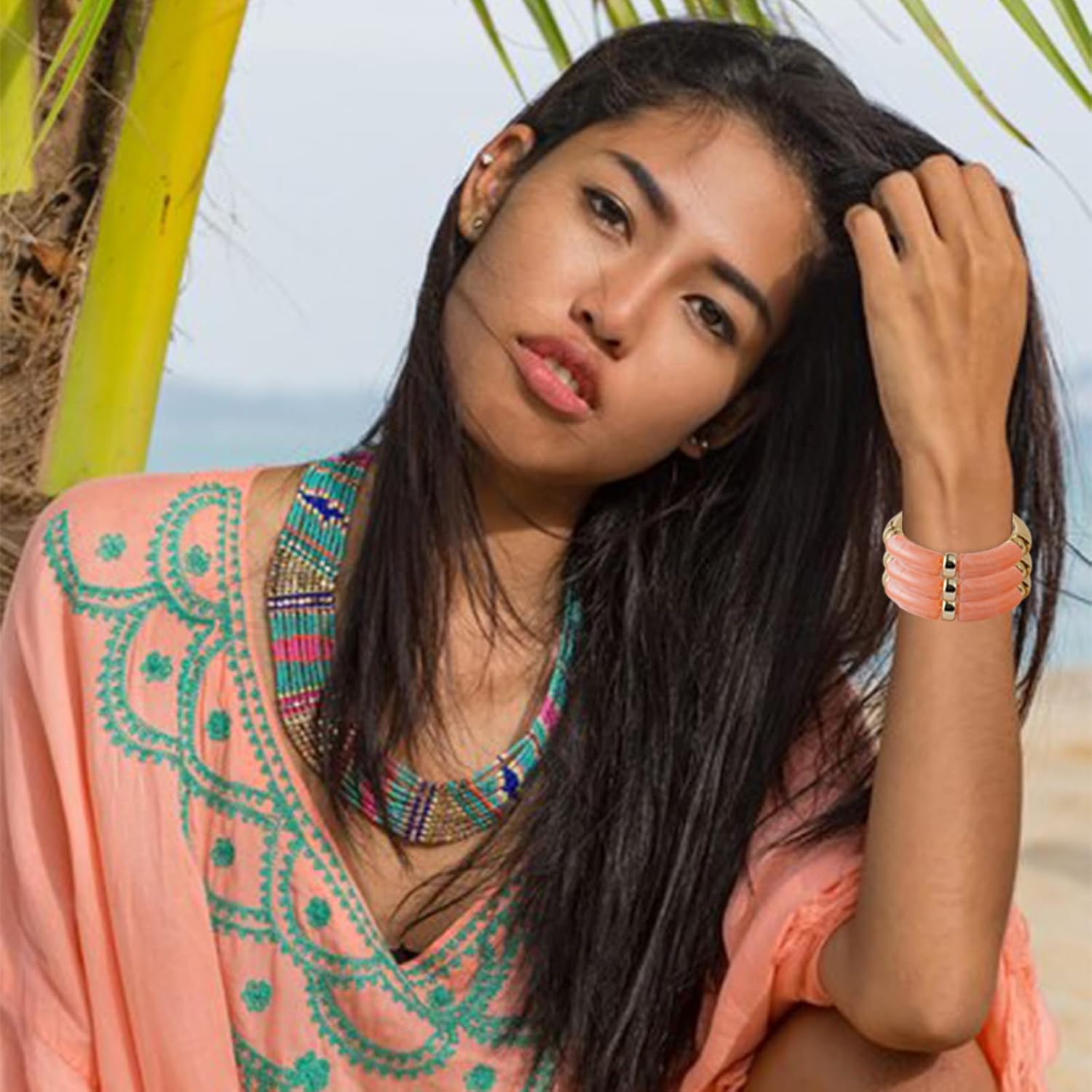 KOLODOGO 3PCS Chunky Bangles Bracelets for Women Stackable Chunky Bracelets Acrylic Bamboo Bracelet Stretch Bracelets for Women as Jewelry Gift - Image 6