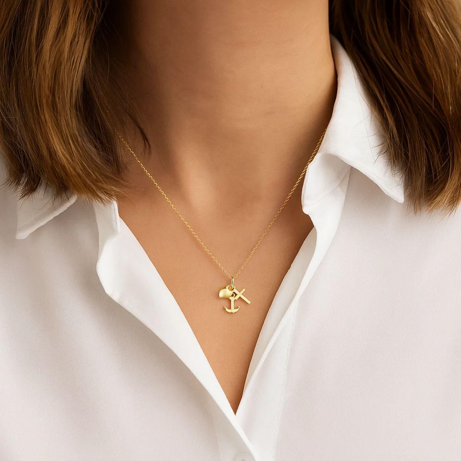fish Collana In Oro Con Ciondolo Ancor Cuore Croce Lunghezza Regolabile Confezione Regalo