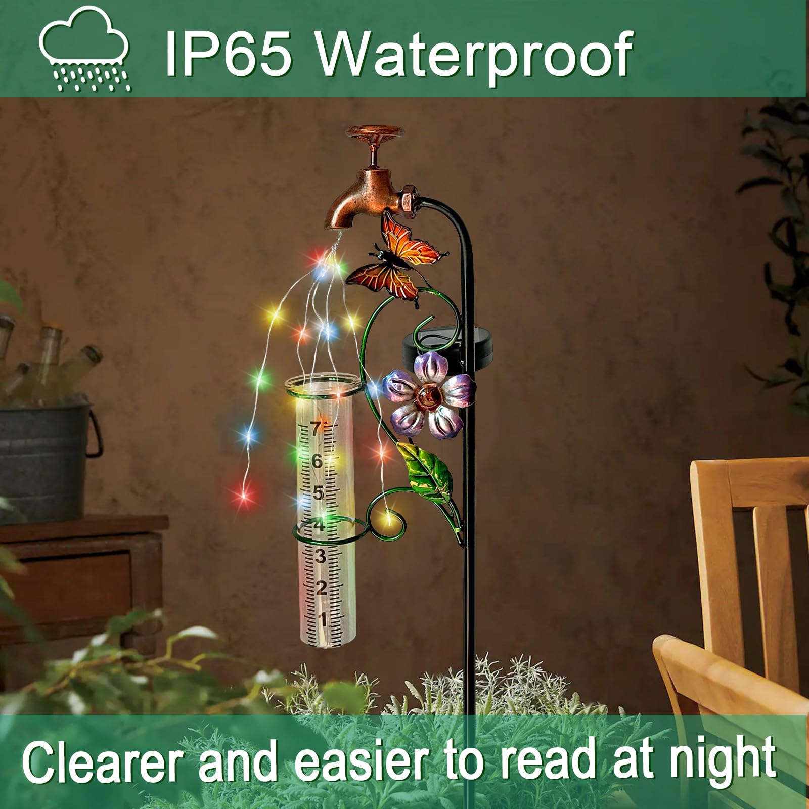 Glas-Regenmesser für den Außenbereich, Solarleuchten, Wasserhahnpfahl mit Regenmessern, fließendes Wasser, LED-Lichter, Pfahl für draußen, Hofkunst, Gartendekoration