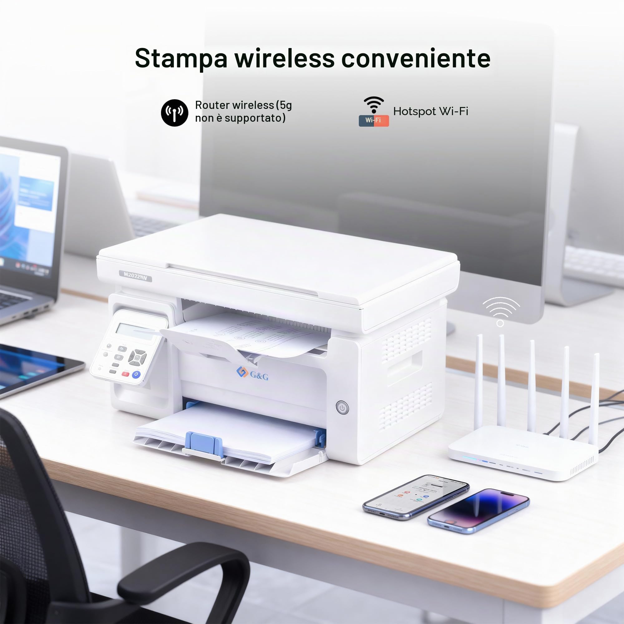 G&G M2022NW Stampante Laser bianco e nero Multifunzione Wifi, Stampanti Laser con Scanner Toner in offerta per Ufficio e Casa(22-23 Ppm)