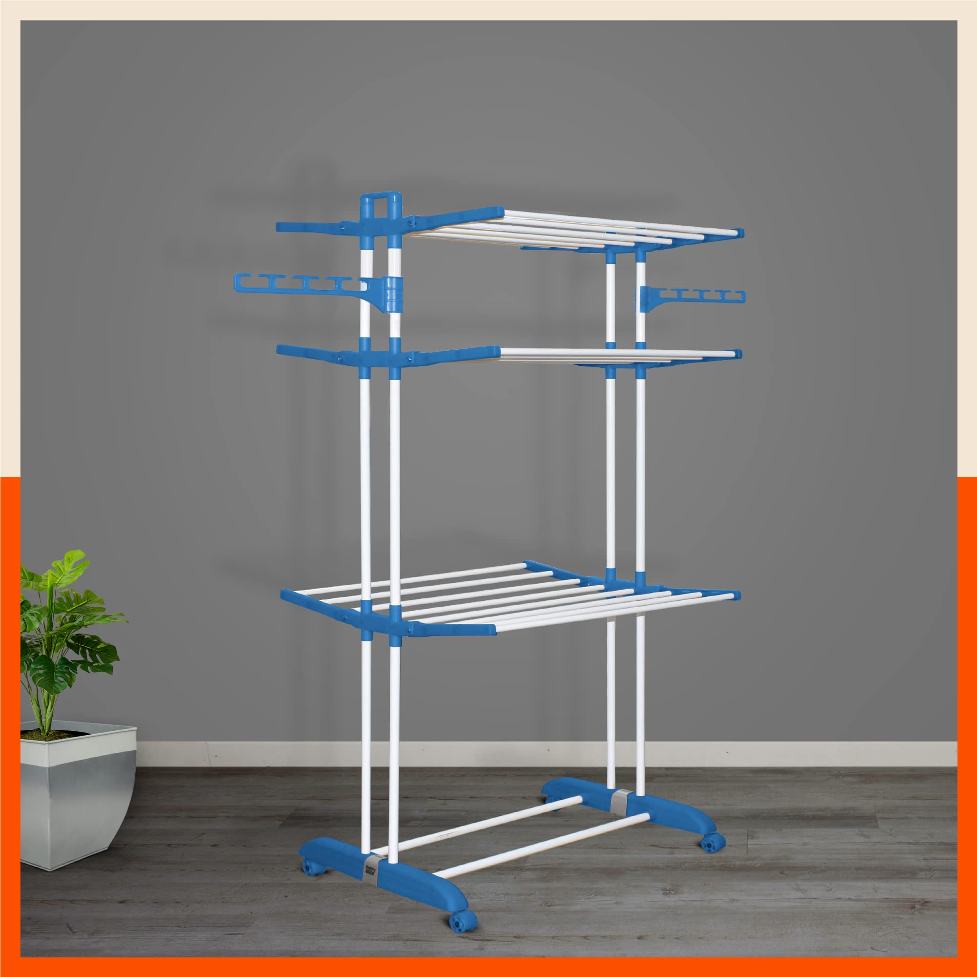 Bathla 3 Level Modular Cloth Drying Stand with Wheels - Rustproof Portable Steel Laundry Rack (Blue - Large) - Clothes Dryer for Balcony, Indoor & Outdoor Use