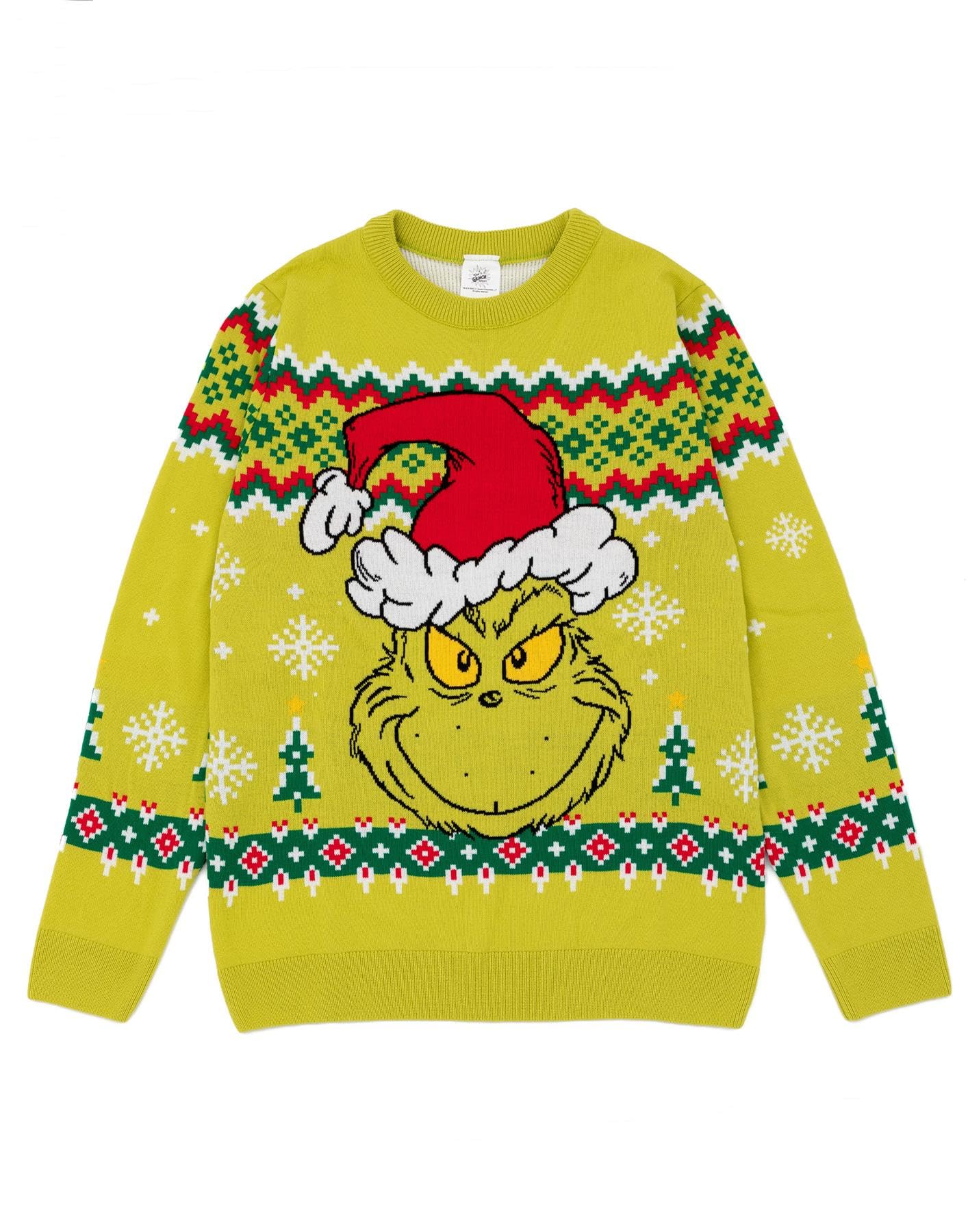 The GrinchMens Christmas Jumper in Green | Graphic Knitted Sweater for Adults | Warm Festive Holiday Long Sleeve Knitwear Top | Fun Festive Pullover Knit Unique Movie Merchandise Gift for Him
