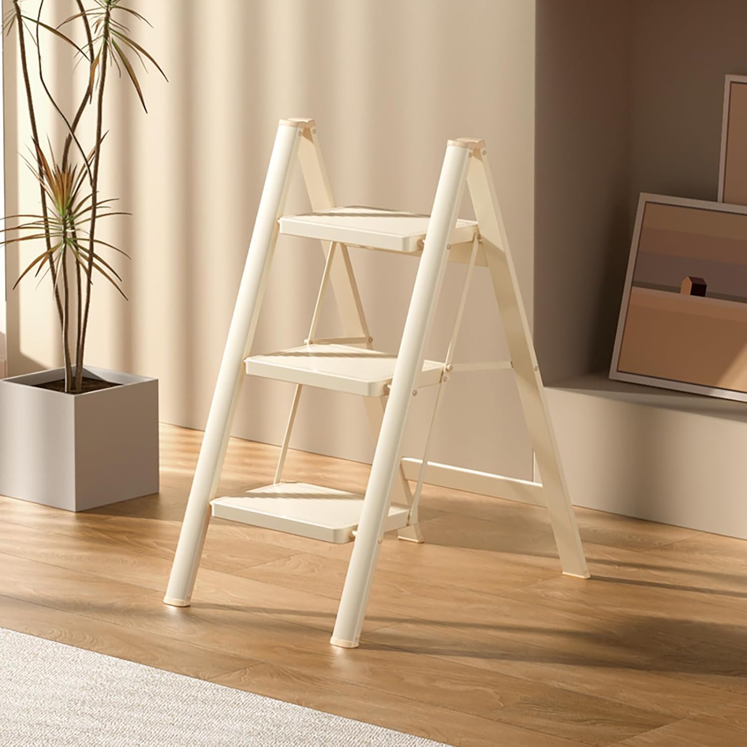 3 Step Aluminum Folding Ladder, Lightweight Portable Step Stool with Wide Anti-Slip Pedals, 330 lbs Capacity, Sturdy Space Saving Stepladder for Home, Kitchen & Office Use (Off White)-image-3