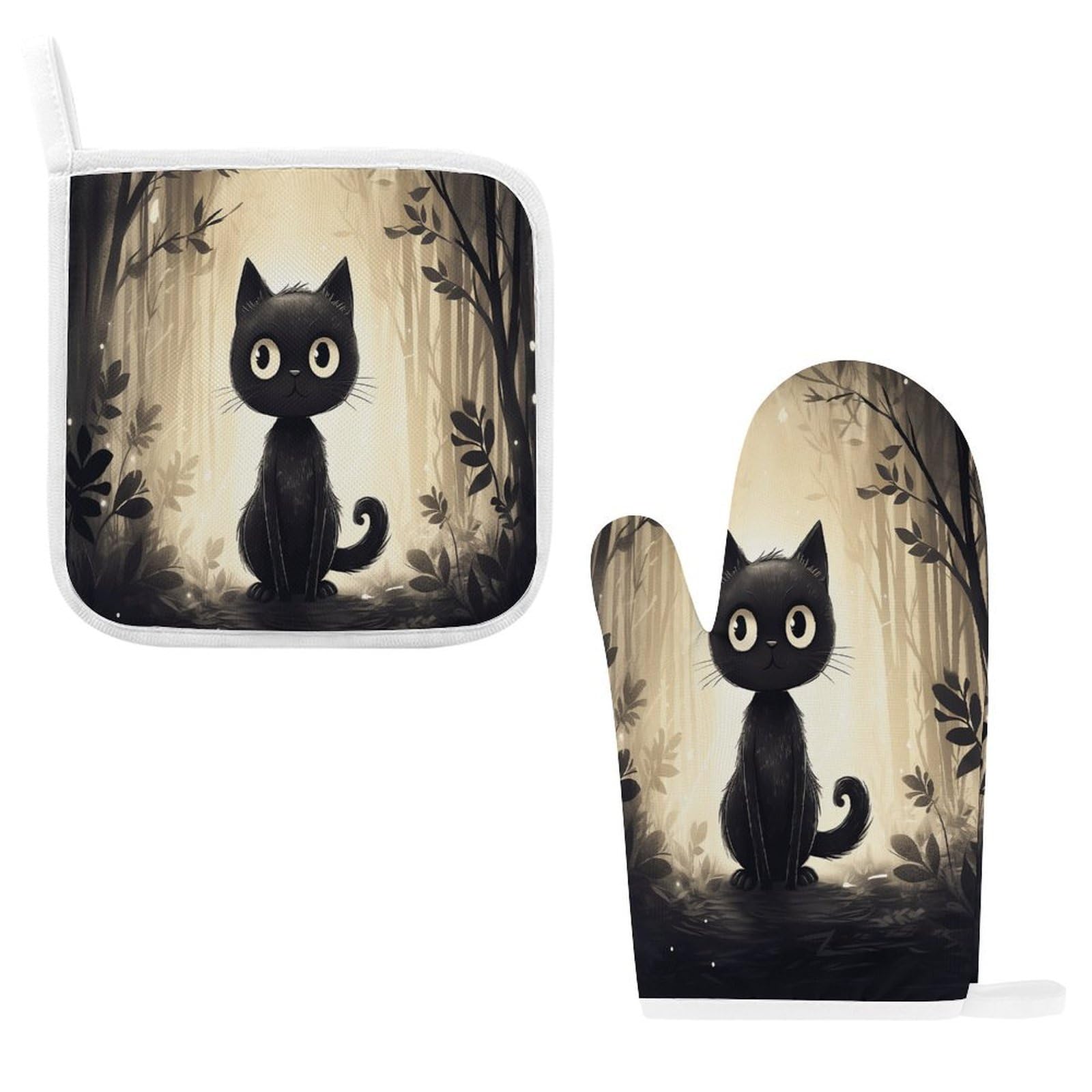 Btcowzrv Style Hand Drawn Black Cat Oven Mitts And Pot Holders 2Pcs Set