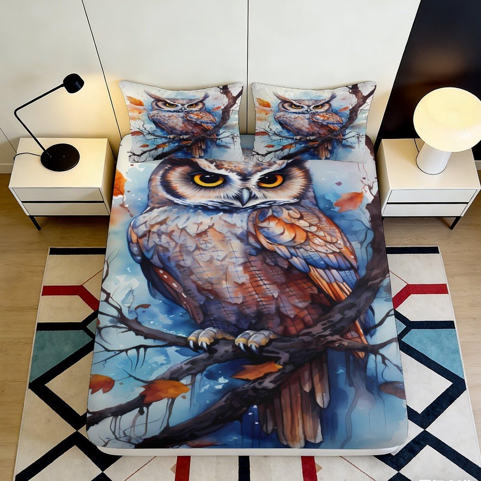 3D Printed Owl Forest Fitted Sheet Microfiber Soft Autumn Branch Bed Cover for Bedroom Guest Room Mattress Decor 180x200x25cm