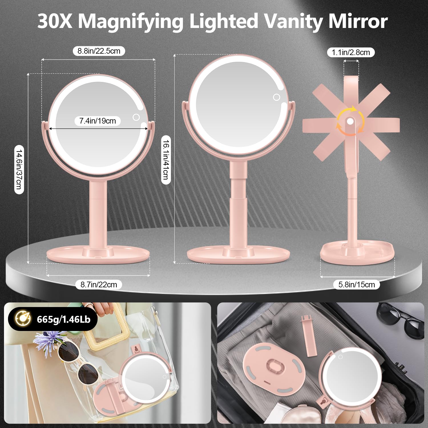 MIYADIVA Specchio per il trucco con luci, specchio ingranditore 20X con luce e interruttore touch, specchio cosmetico con luce a 3 colori e 80 LED, specchio da scrivania regolabile in altezza con luce