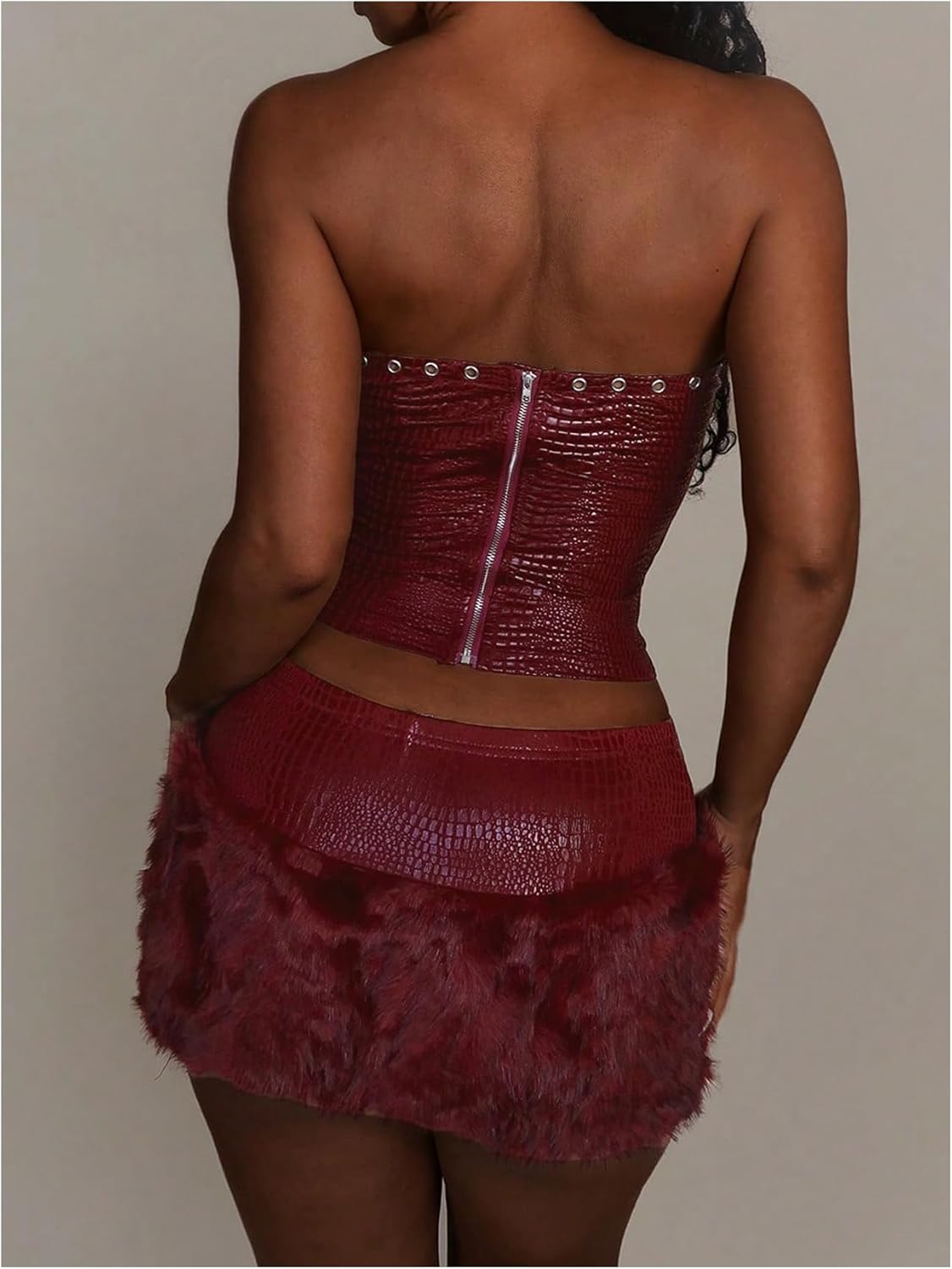 Verdusa Women's 2 Piece Y2K Outfits Eyelet Lace Up Leather Tube Top with Furry Mini Skirt Rave Outfits - Image 2