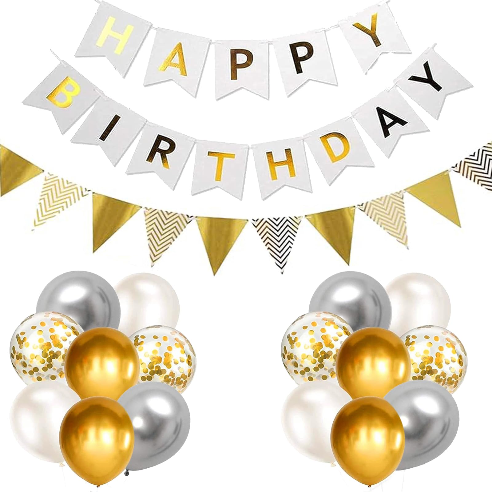 Luftballons Geburtstag Dekoration Set, weiß Gold Silber Geburtstagsdeko Set mit Luftballons Konfetti Ballons Dreiecksflaggen Girlanden（WH+GD+SR+SJQ）