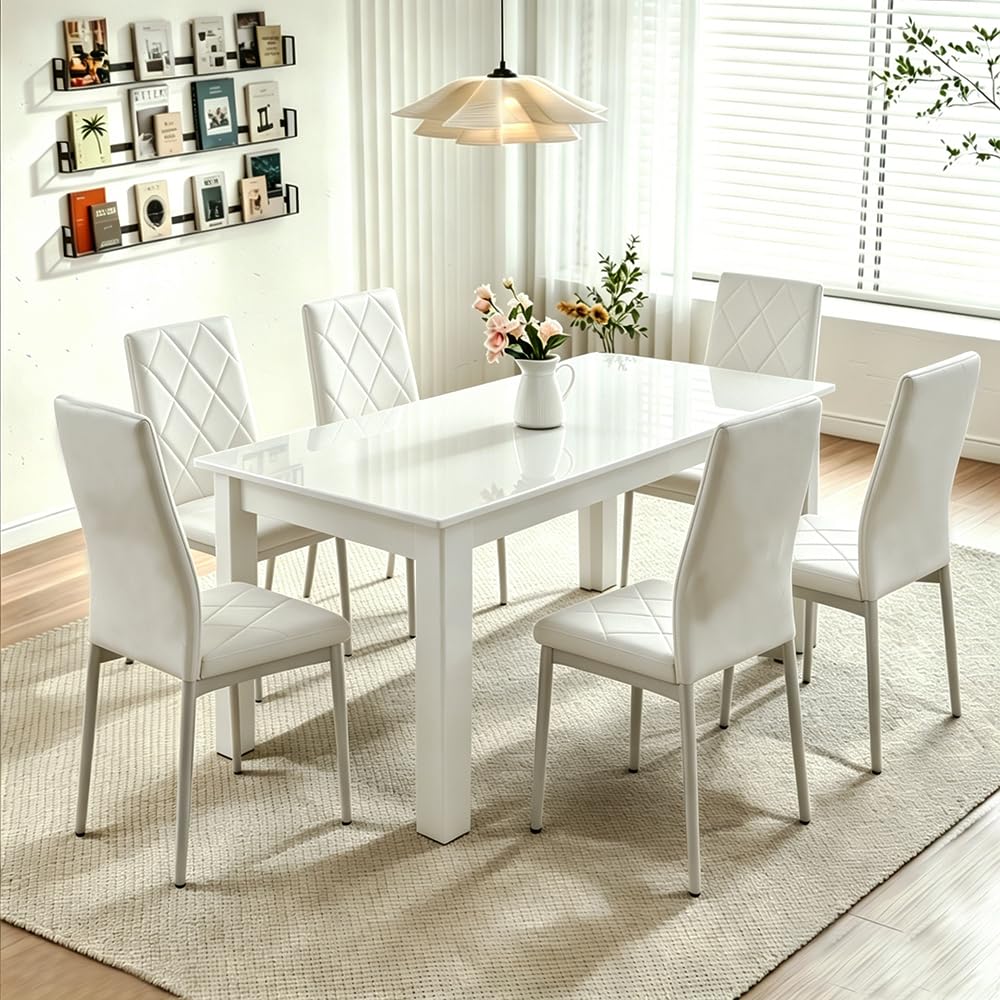 Rainbow Tree Modern 7 Piece Dining Table and Chairs Set, High Gloss Wooden Dining Table with 6 Chairs for Family Dinner Set, 120cm White Table