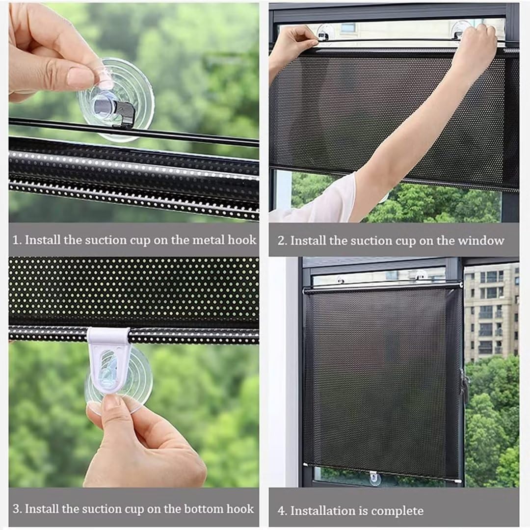 Persianas enrollables opacas portátiles retráctiles con ventosas, protección UV para el hogar y la oficina, perforadas, color negro (68 x 125 cm)
