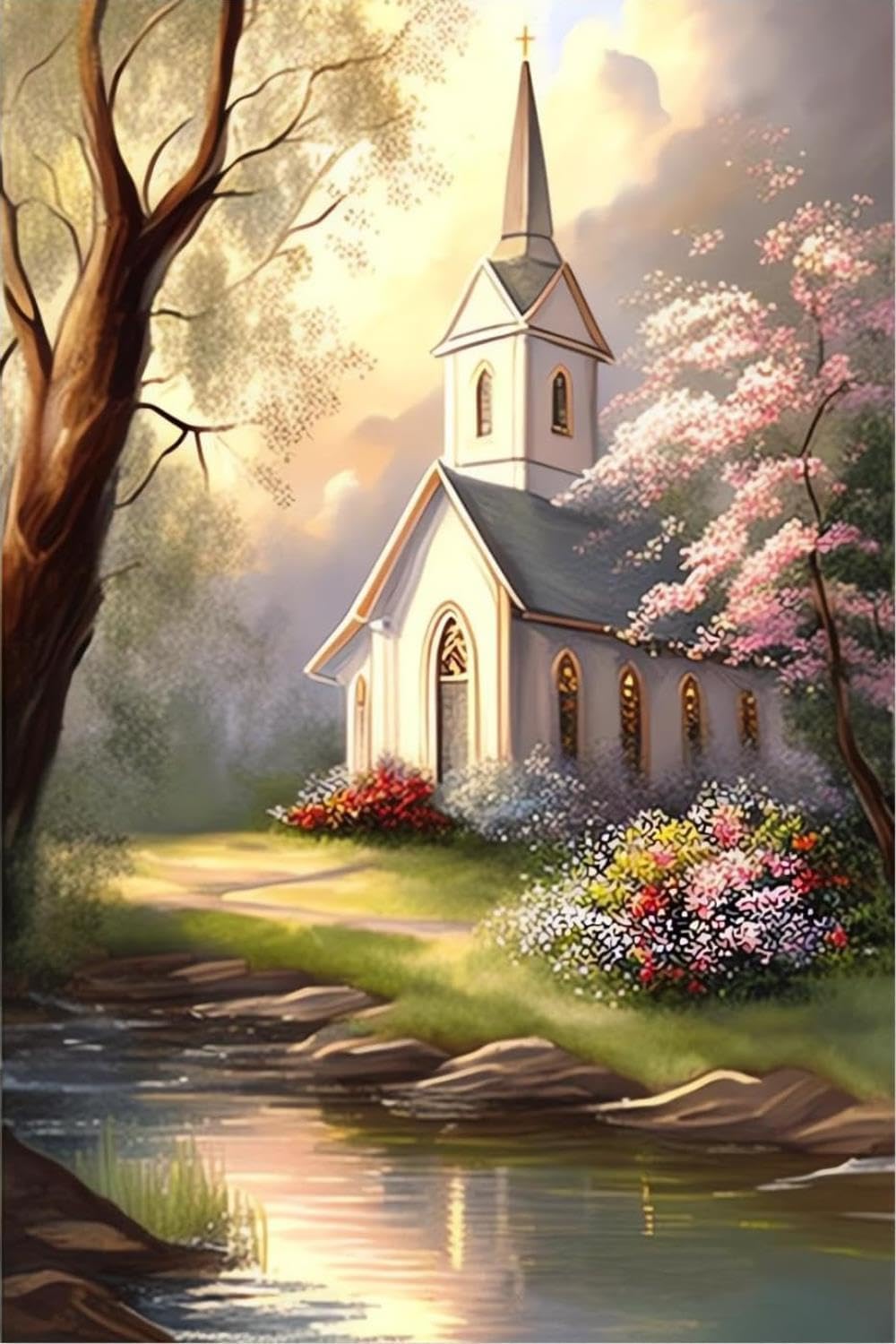 POEOIEX Natural Landscape Art 5D Christian Churches Diamond Painting Kits for Adults, DIY Full Round Drill Art Craft for Office Home Decor and Gifts for Family Friends Interior Decoration 18x24 inch