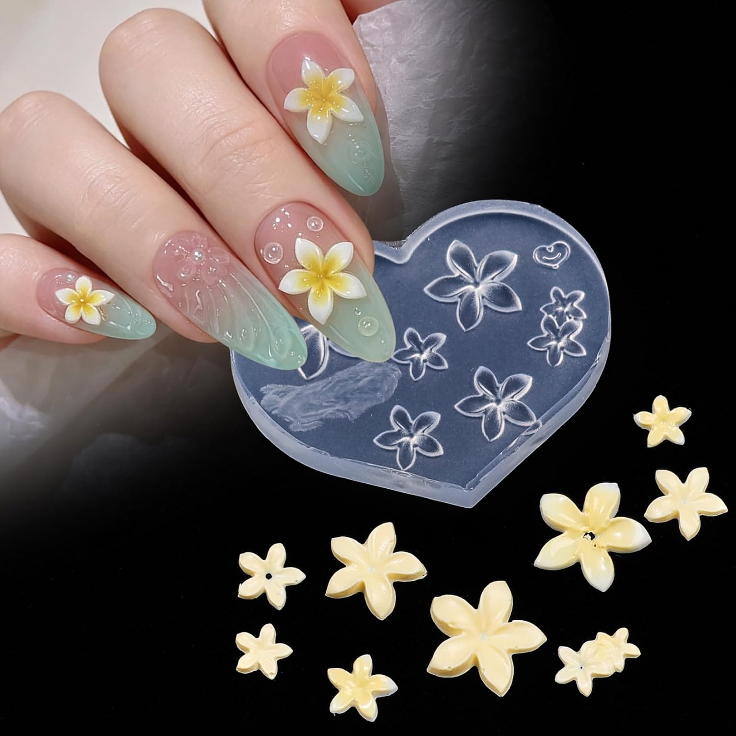 Nail Mold Set, 2PCS 3D Flower Silicone Nail Art Mold with Carving Pen Plumeria Hibiscus Floral Nail Decoration for Acrylic Gel UV Resin DIY Nail Design Manicure Template Embossing Tools Nail Supplies
