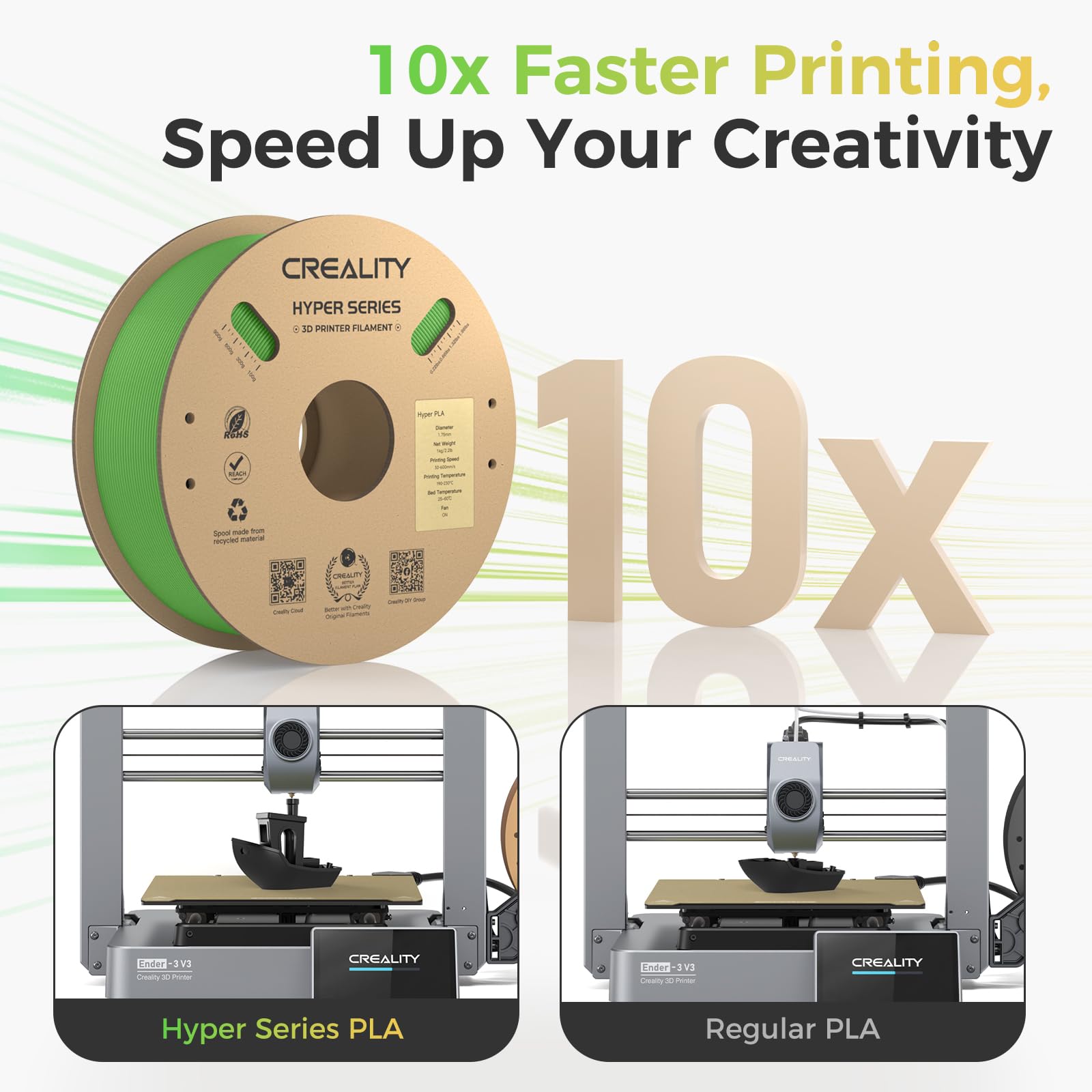Creality Official Hyper PLA Filament Verde 1KG, Filamento per Stampanti 3D per la Stampa ad Alta Velocità, Durevole e Resistente, Liscio, Prestazioni a Sbalzo Precisione Dimensionale +/-0,03mm