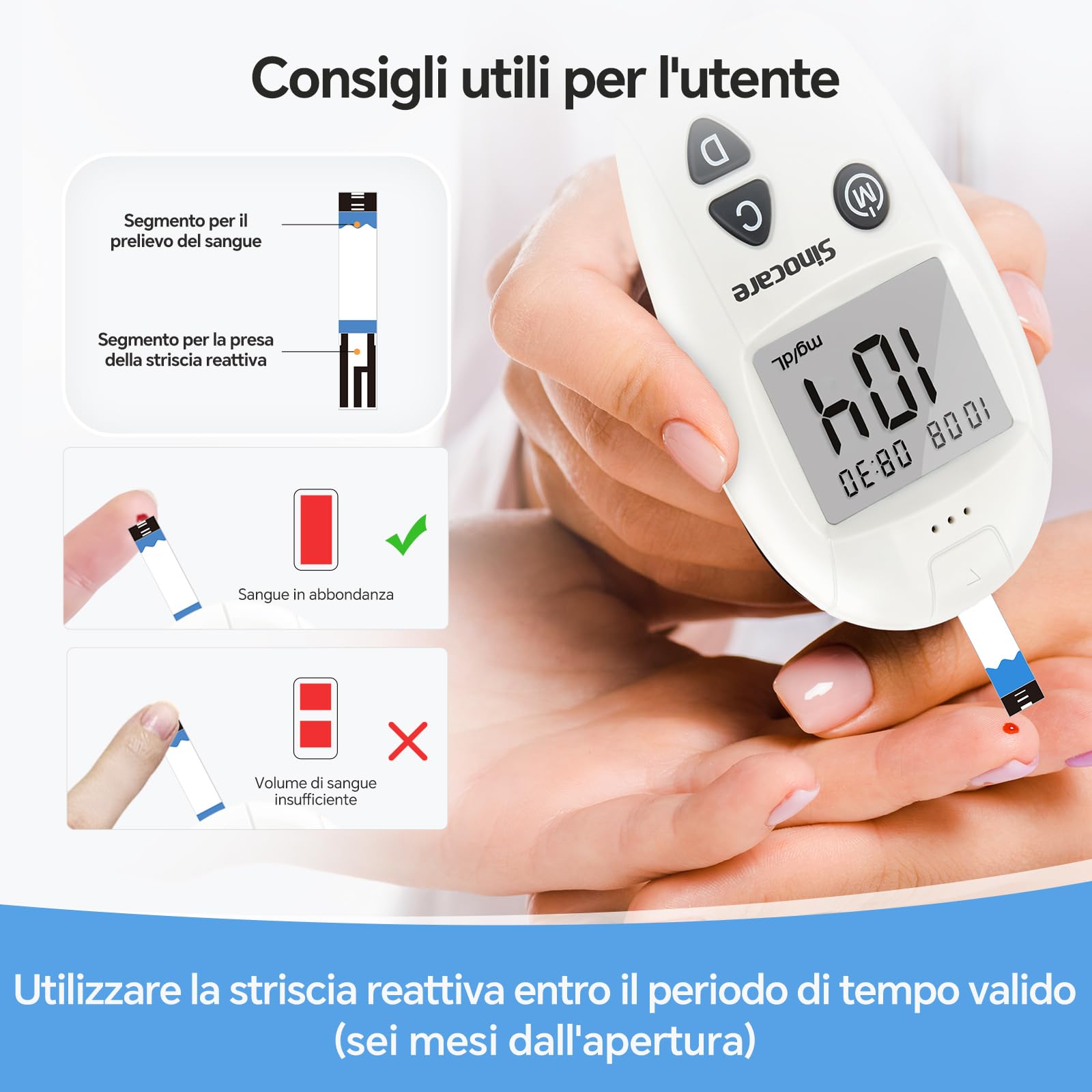 Sinocare Glucometro Misuratore Glicemia nel Sangue, Kit Test Rapido di Zucchero nel Sangue con 50 Strisce Glicemia Reattive per Glucosio - mg/dL (Safe Accu)