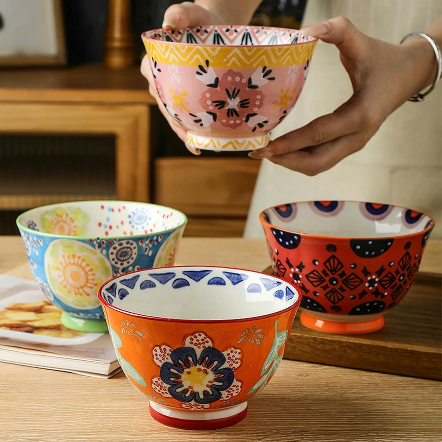 Ceramic hand-painted creative rice bowl household exquisite high temperature resistance-yellow orange flowers on blue background