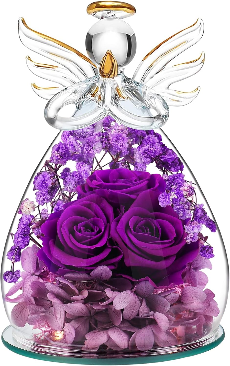 Beferr Gifts for Women Forever Preserved Rose in Glass Angel Figurine Real Fresh Flowers for Delivery Prime Mothers Day Birthday Gifts for Mom Wife Grandma Daughter A-purple-p