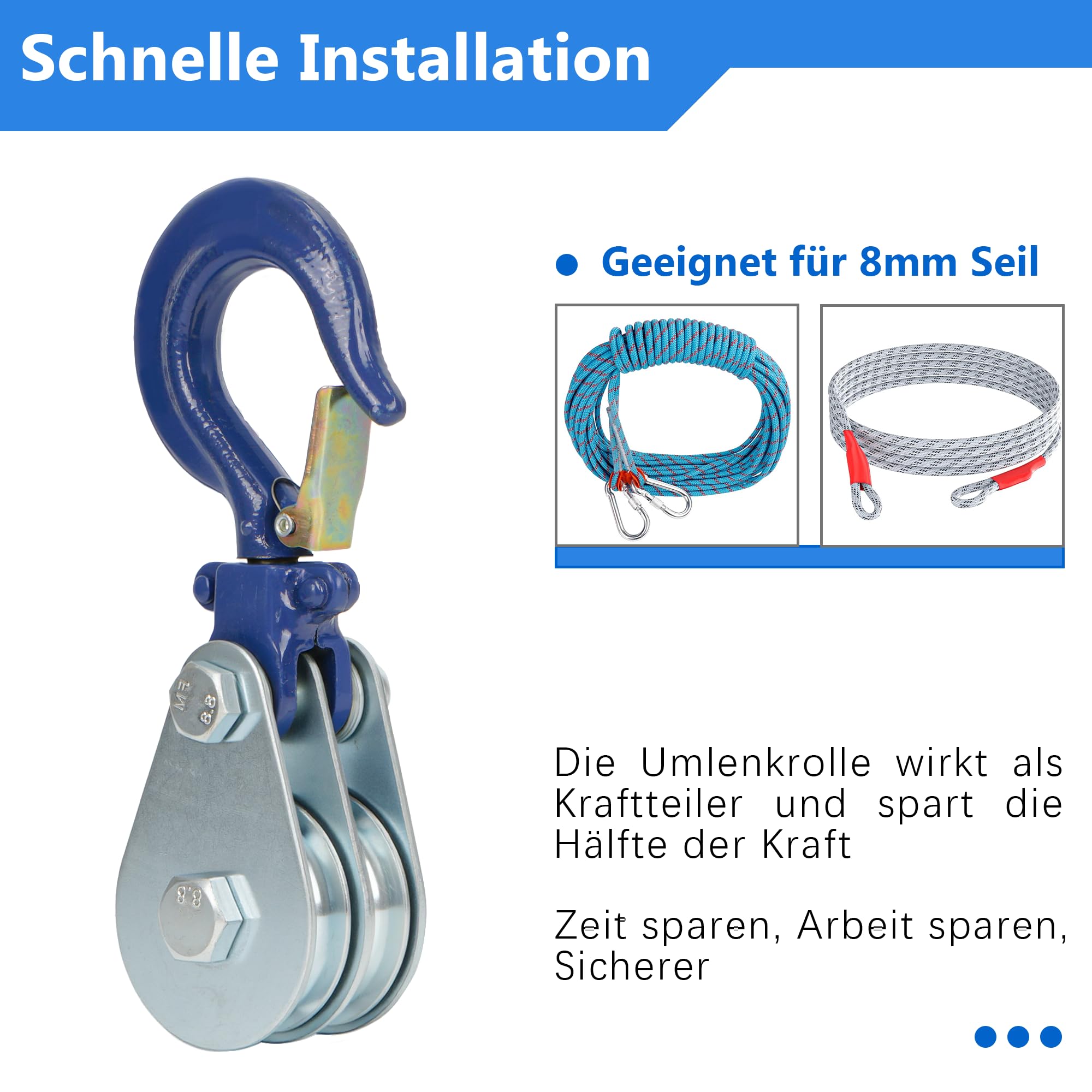 bimiti 2 Stück 2 Ton Umlenkrolle mit Kugellager und Haken, Doppelte Kugellager Umlenkrollen für Seile Schwerlast Flaschenzügen mit Sicherheitshaken für Drahtseil Seilwinde Schäkel