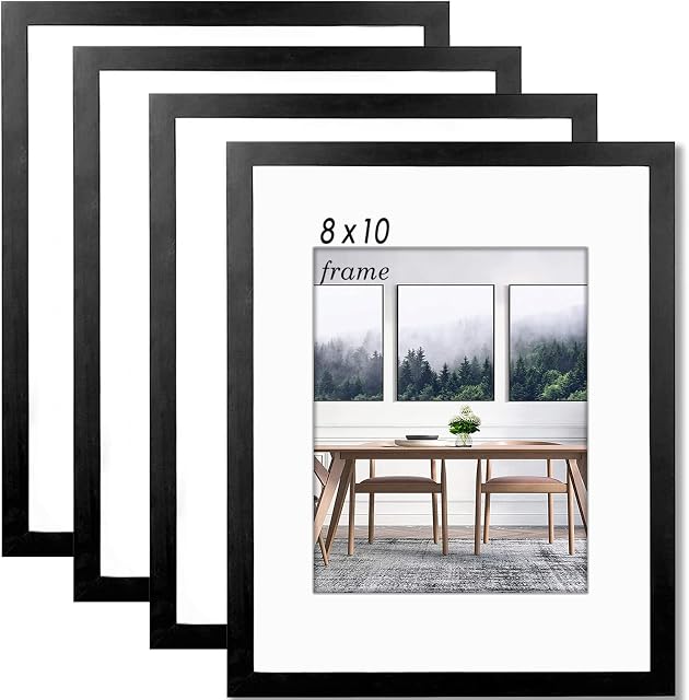 8x10 Picture Frames, 4 Pack, Photo Frame for Tabletop and Wall Mounting Display, with Plexi Glass, Black 10x8 Inch Picture Without Mat, or 5x7 With Mat, With Horizontal and Vertical Format
