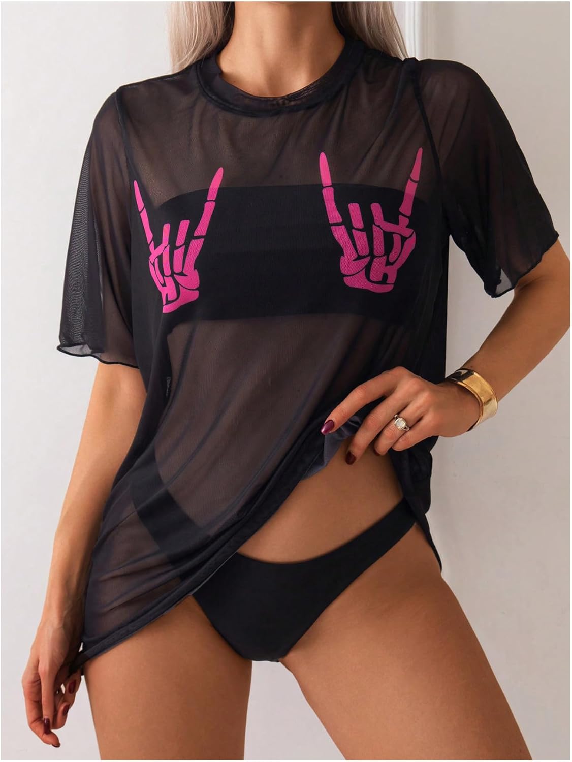 WDIRARA Women's Skeleton Sheer Mesh See Through Short Sleeve Swimsuit Cover Up Tops - Image 3