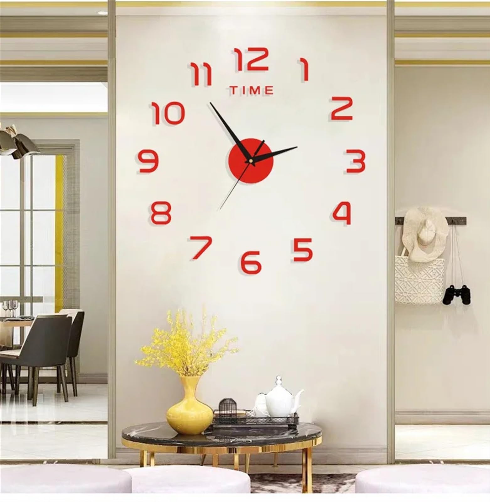 ZXGRfdefa clock, 2D DIY Quartz Clock Watch Mirror Stickers Living Room Home Decoration(Red)