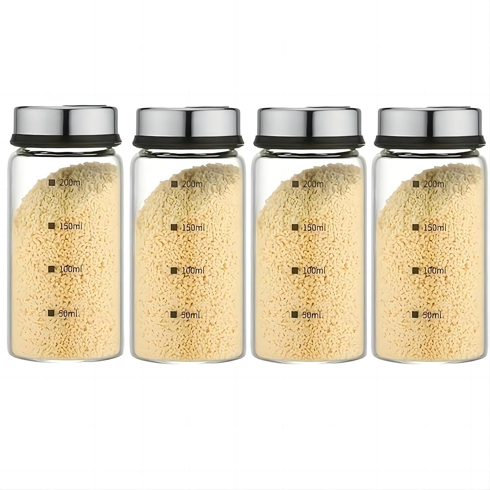 Gewürzdosen aus Glas Anzug, Gewürzdosen mit Drehdeckel für Salz, Pfeffer, Chilischoten, praktisch als Küchenorganisator zum Grillen, Kochen und Würzen (200ml, vierteiliges Set)