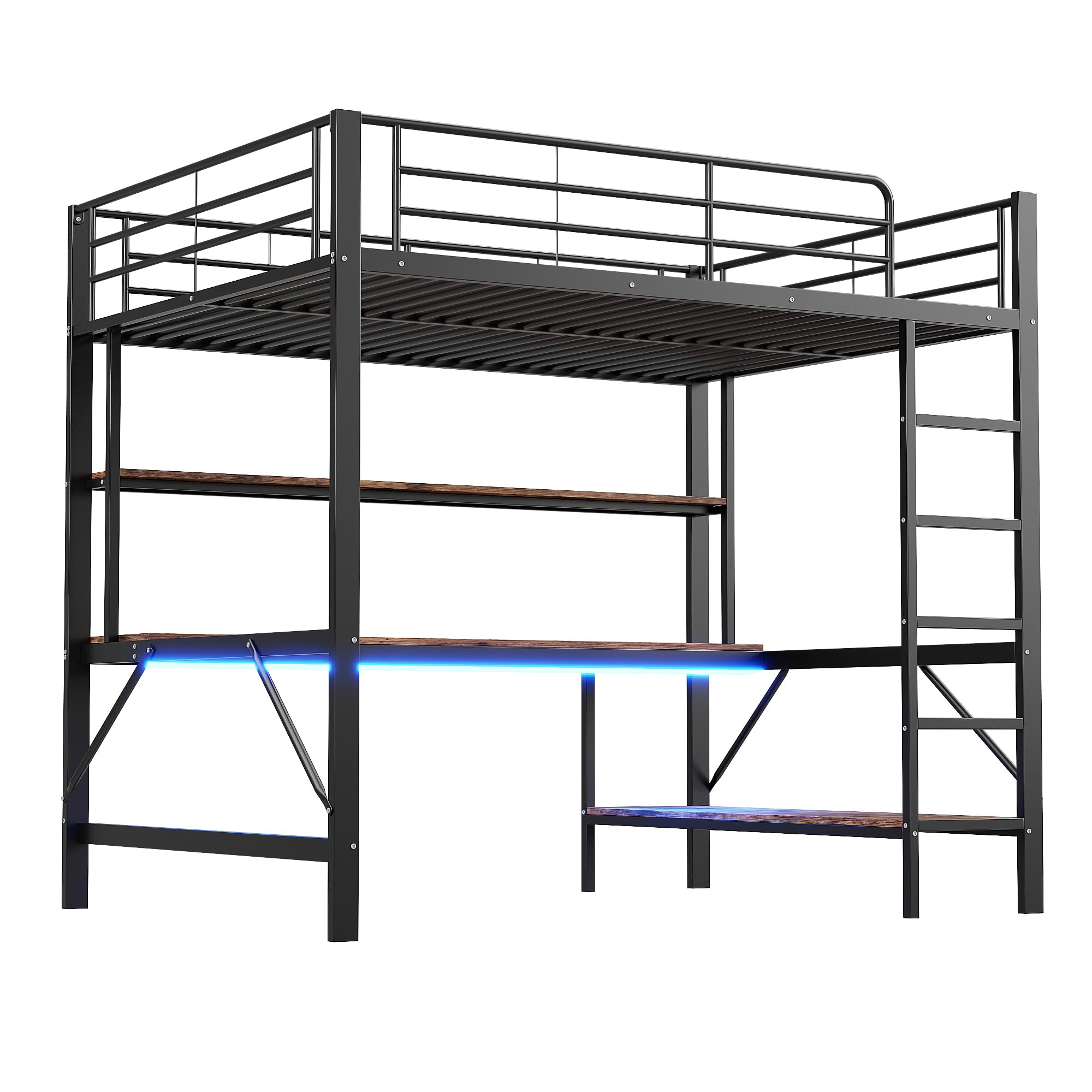 Seyakany cama Mezzanine Infantil 140 x 200 cm, cama Mezzanine de metal de 2 plazas con barreras y escalera, con tomas USB y eléctricas, con iluminación LED, escritorio, varias estanterías, sin colchón