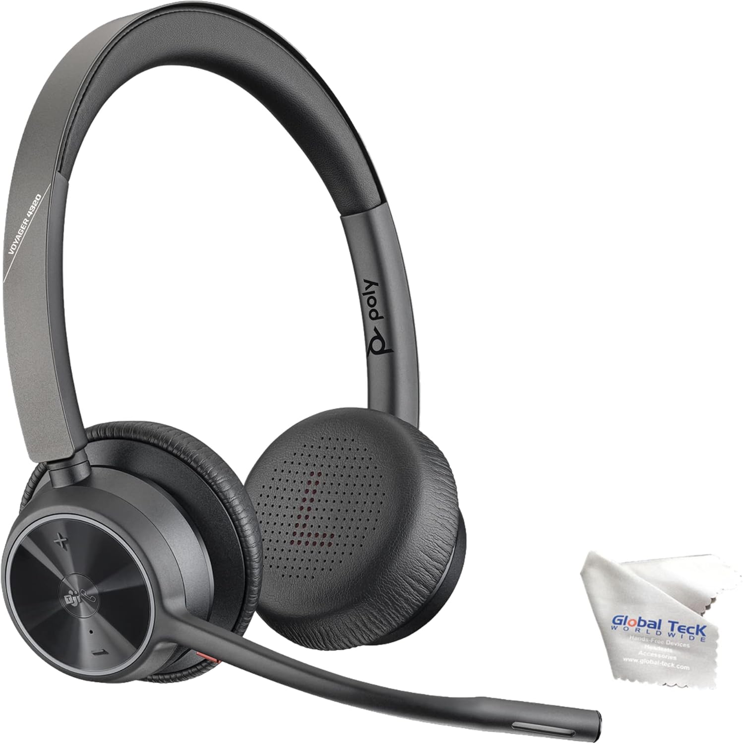 Poly Voyager 4320 UC Wireless Bluetooth Duo Headset (USB-A) Teams Version - Global Teck Bundle with Microfiber Cloth - for Deskphone, PC/Mac, Works with Zoom, RingCentral