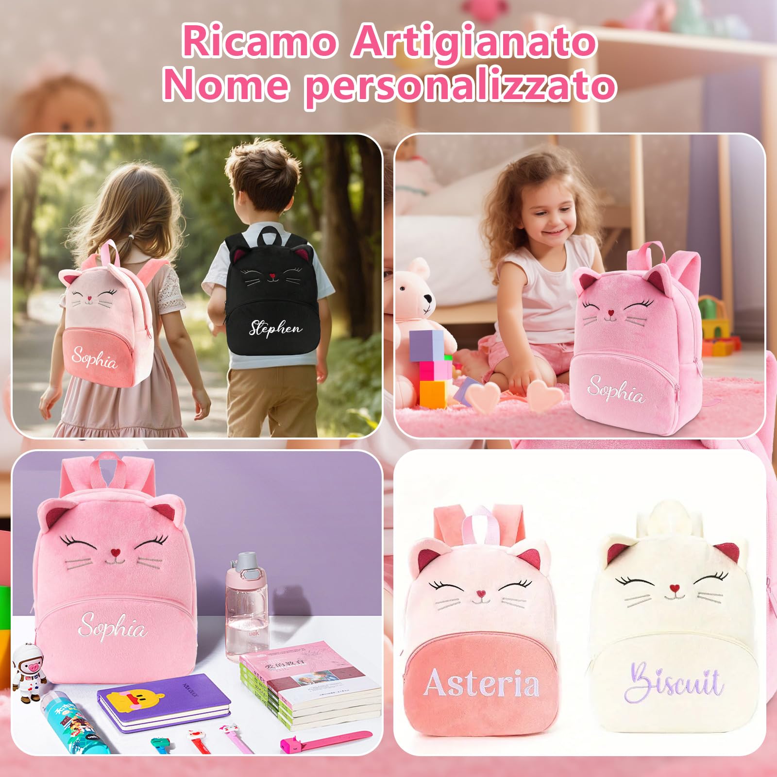 Generico Zaino Asilo Personalizzato con Nome, Zaino per Bambini e Bambine a Forma di Gatto, Mini Zaino Leggero per Asilo Nido, Scuola Materna e Viaggio (Rosso)