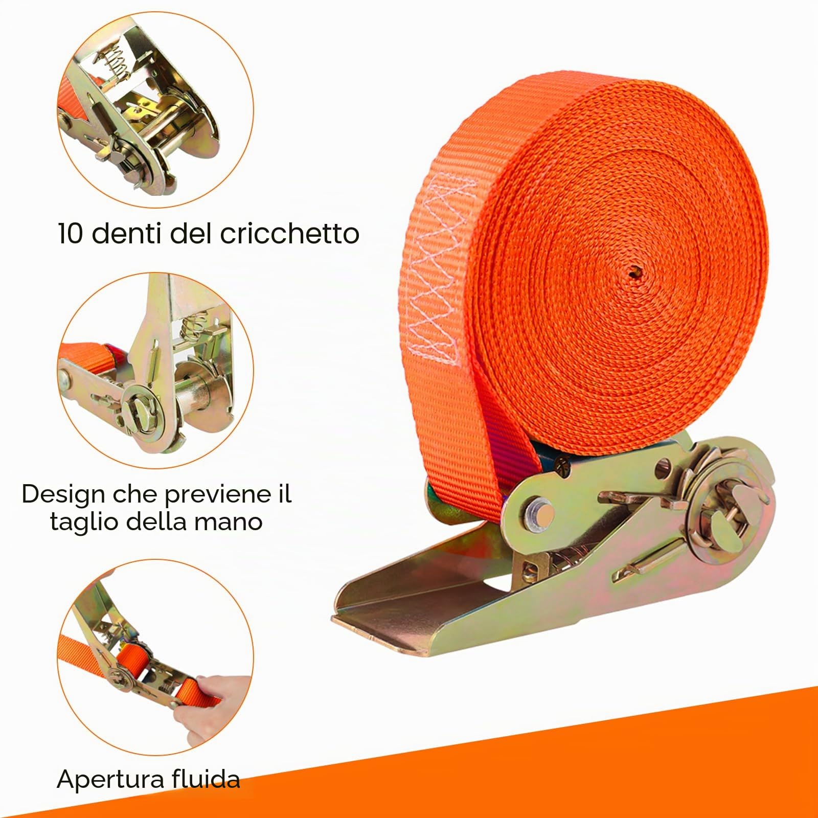 10 Cinghie di Tensione da 800kg, Cinghia a Cricchetto 6m x 25mm, Cinghie di Fissaggio con Cricchetto, Cinghia di Ancoraggio per Fissaggio del Carico (Arancione)