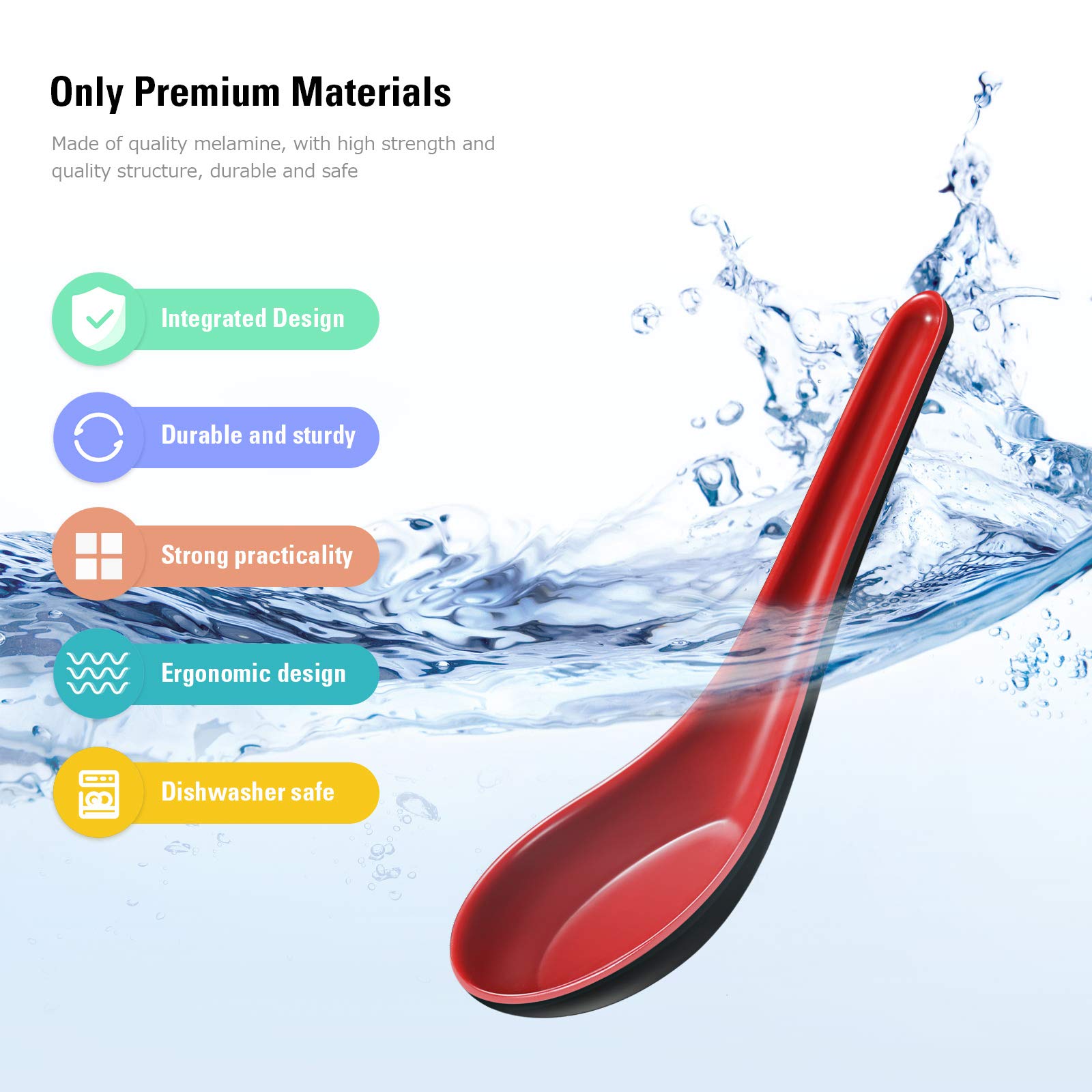 12 Cucchiai Da Minestra Cinesi In Porcellana - Rosso E Nero Per Ristorante E Casa