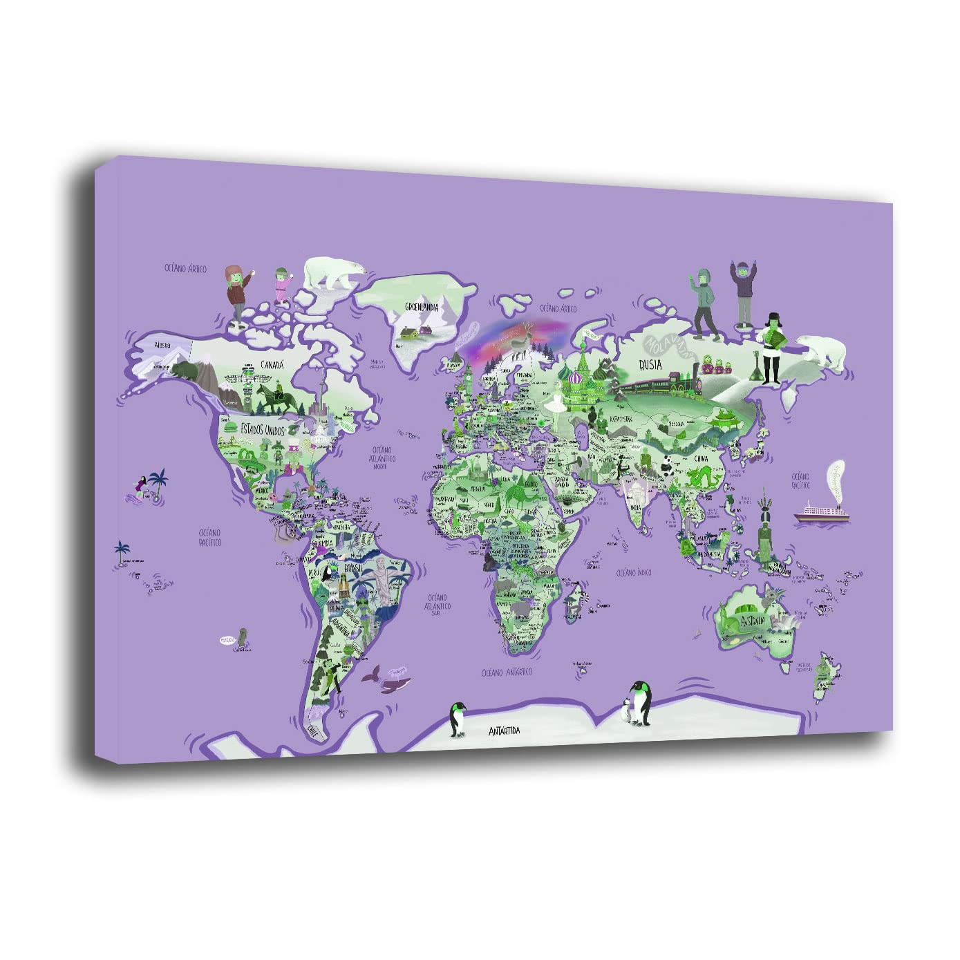 Printerland Quadri Moderni MAPPAMONDO Mappa mondo Bambini Bimbo Bimba Quadro moderno da Parete XXL grande Stampa su tela Canvas Decorazione Murale muro Camera Cameretta bimbi (70x100 cm, Viola)