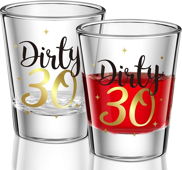 2 Pieces Dirty 30 Shot Glass 2oz Black and Gold Funny 30th Birthday Party Wine Glasses for Women and Men Present Celebrate Happy Thirty birthday Decoration