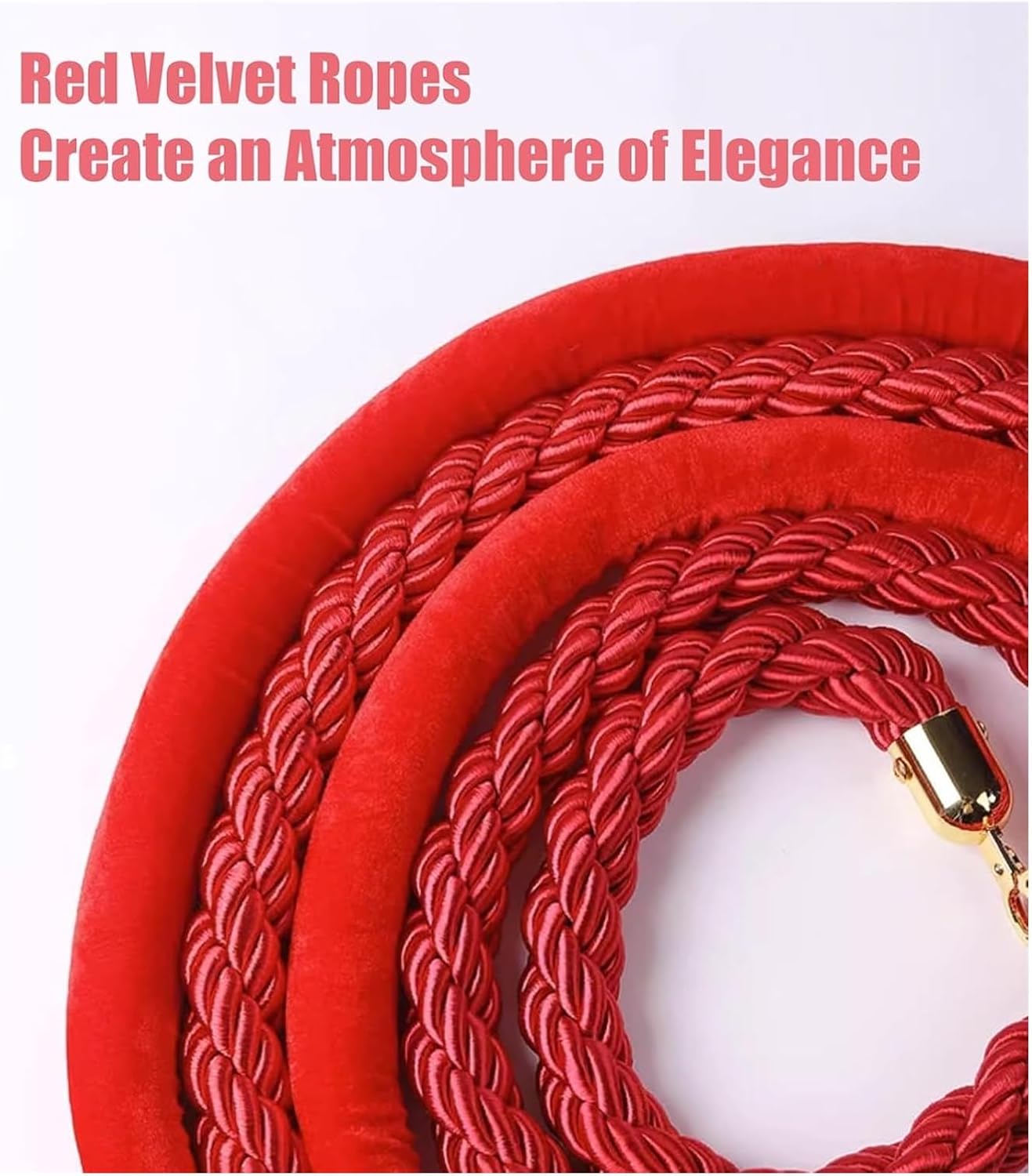 Red Velvet Stanchion Rope - 4 Pack Crowd Control Barrier Ropes, 3ft Twisted Post Ropes with Braided Silver Hooks for Events, Parties, and Line Management
